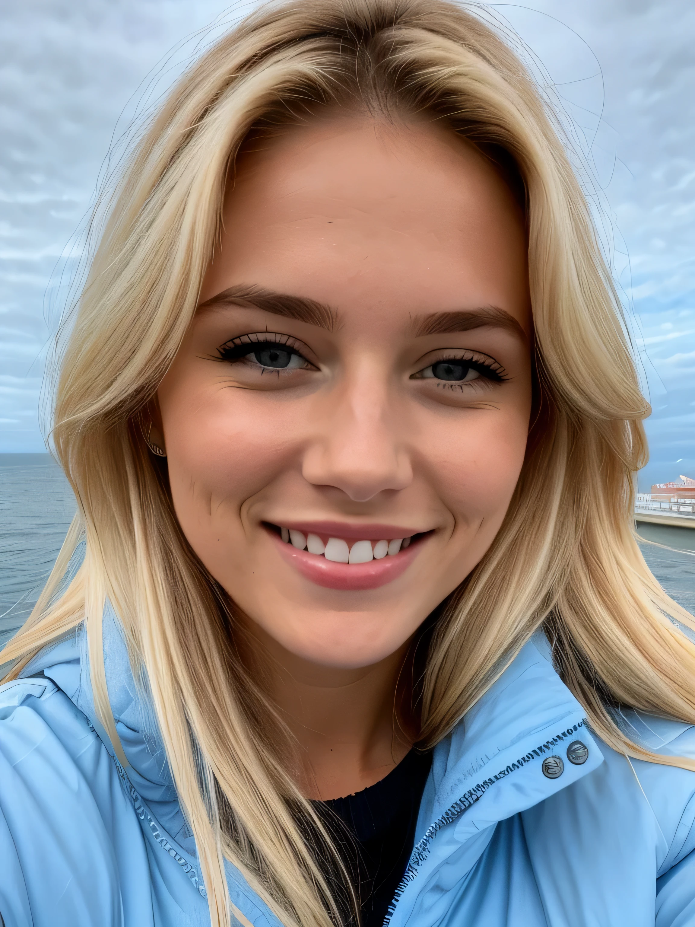 une femme blonde souriante de 23 ans fait un selfie en plein air au bord de la mer, Très beau temps, on voit la mer en arrière-plan, la mer couvre tout le fond, grand ciel bleu ensoleillé, Photoréalisme, Cheveux blonds with the racines châtain clair, cheveux blond, Cheveux avec des racines brunes, yeux bleus, belle femme, vue de face, un blouson d'hiver bleu, Haute qualité, selfie