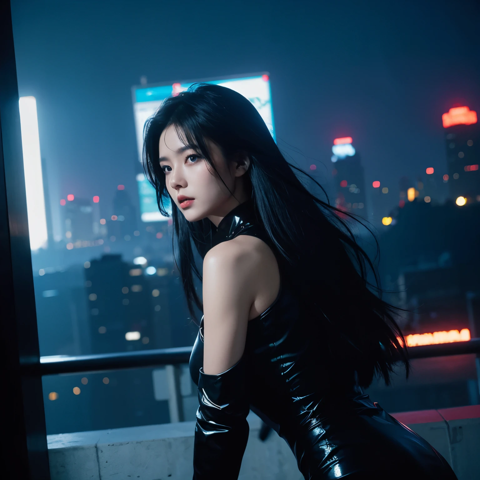 a woman, black hair, blue eyes, long hair, Korean, shiny dress, cyberpunk, futuristic city, 1987 style, 1987 film, masterpiece, best quality, blade runners style.