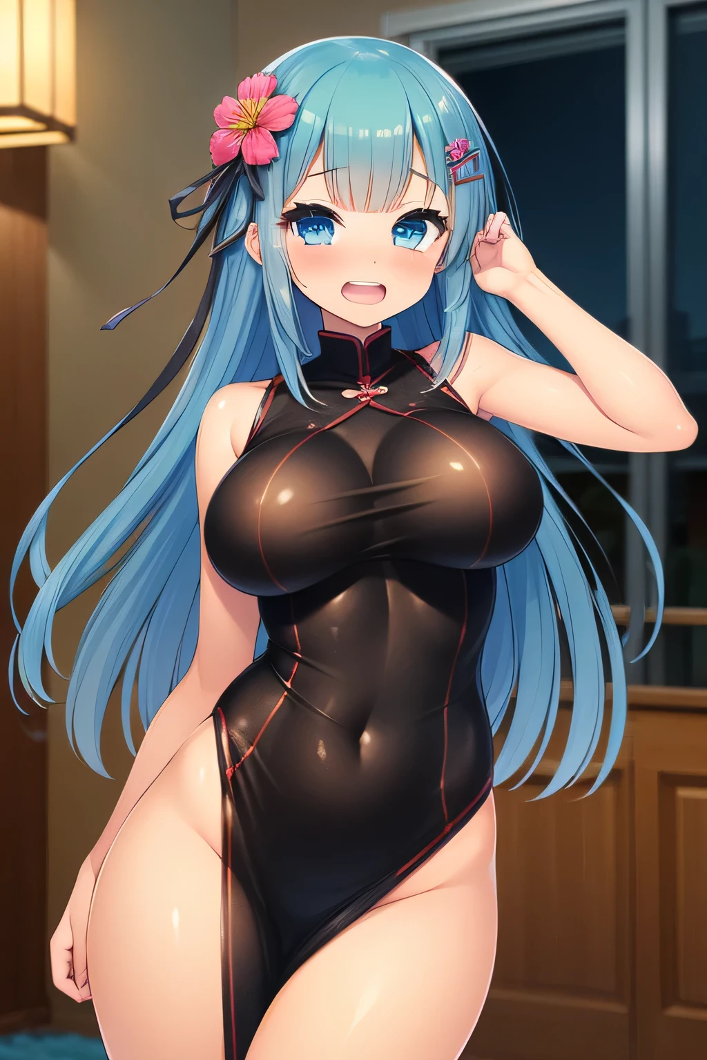 ((the best画質、the best、1 girl、Draw in detail))、(pale blue hair、long hair、straight hair、1 flower-shaped hair ornament)、((light blue eyes、Active、big breasts、low length))、(smile、open your mouth and smile)、((No panties))、(No underwear、No panties)、(naked)、China dress、nakedの肩、slit、