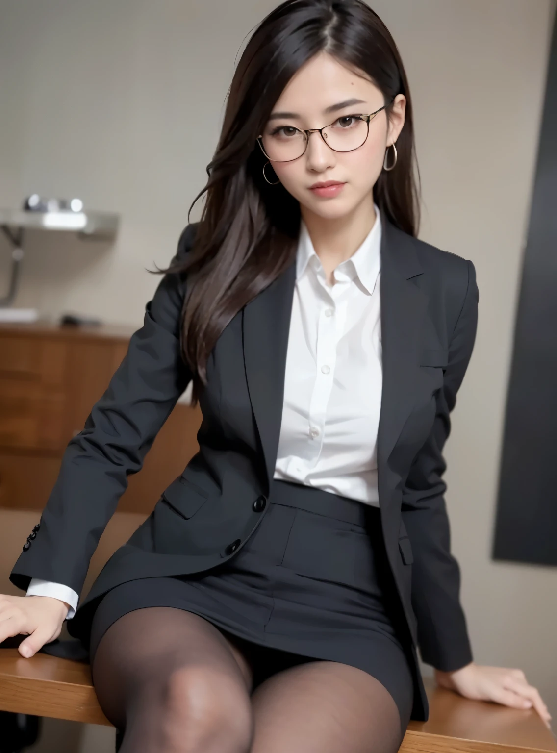 (8K, highest quality, masterpiece:1.2), (realistic, realistic:1.37), ultra detail, 1 girl, whole body, indoor, (Adjusted hair:1.5) office lady, black office blazer, office skirt, (pantyhose: 1.2), (Short button-down shirt: 1.2), Button Up Color Prim, Button Down Color Prim, good, (pantyhose: 1.2), alpha layer, high heels, beautiful earrings, cute, alone, inside the office, (smile: 1.15), (closed mouth), small breasts, beautiful and fine eyes, business suit, (long hair: 1.2), Floating hair NovaFrogStyle,Chair、28 years old、Legs open、Composition where the feet are the main focus、secretary、high heels、Glasses