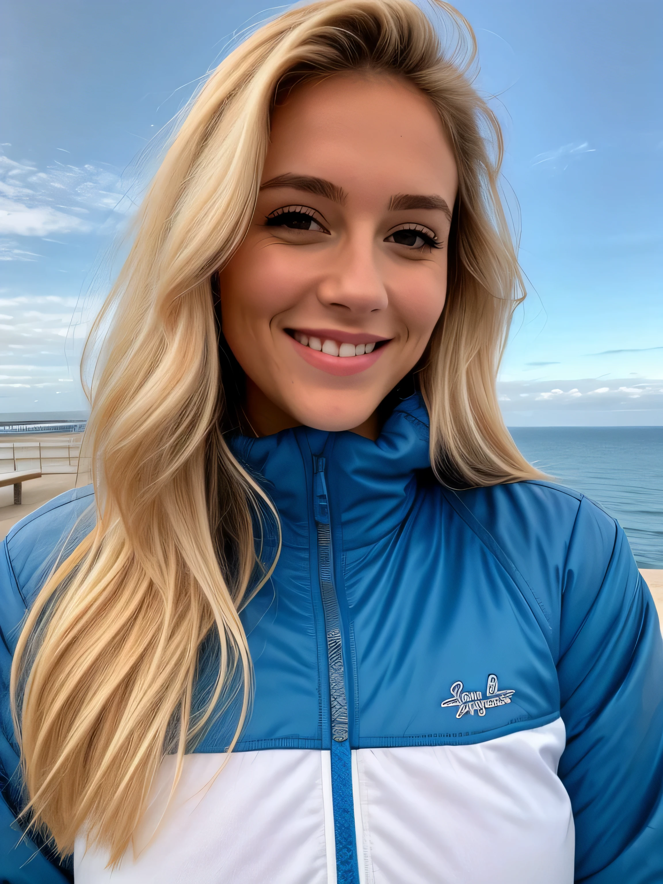 une femme blonde souriante de 23 ans fait un selfie en plein air au bord de la mer, Très beau temps, on voit la mer en arrière-plan, la mer couvre tout le fond, grand ciel bleu ensoleillé, Photoréalisme, Cheveux blonds with the racines châtain clair, cheveux blond, Cheveux avec des racines brunes, yeux bleus, belle femme, vue de face, un blouson d'hiver bleu, Haute qualité, selfie
