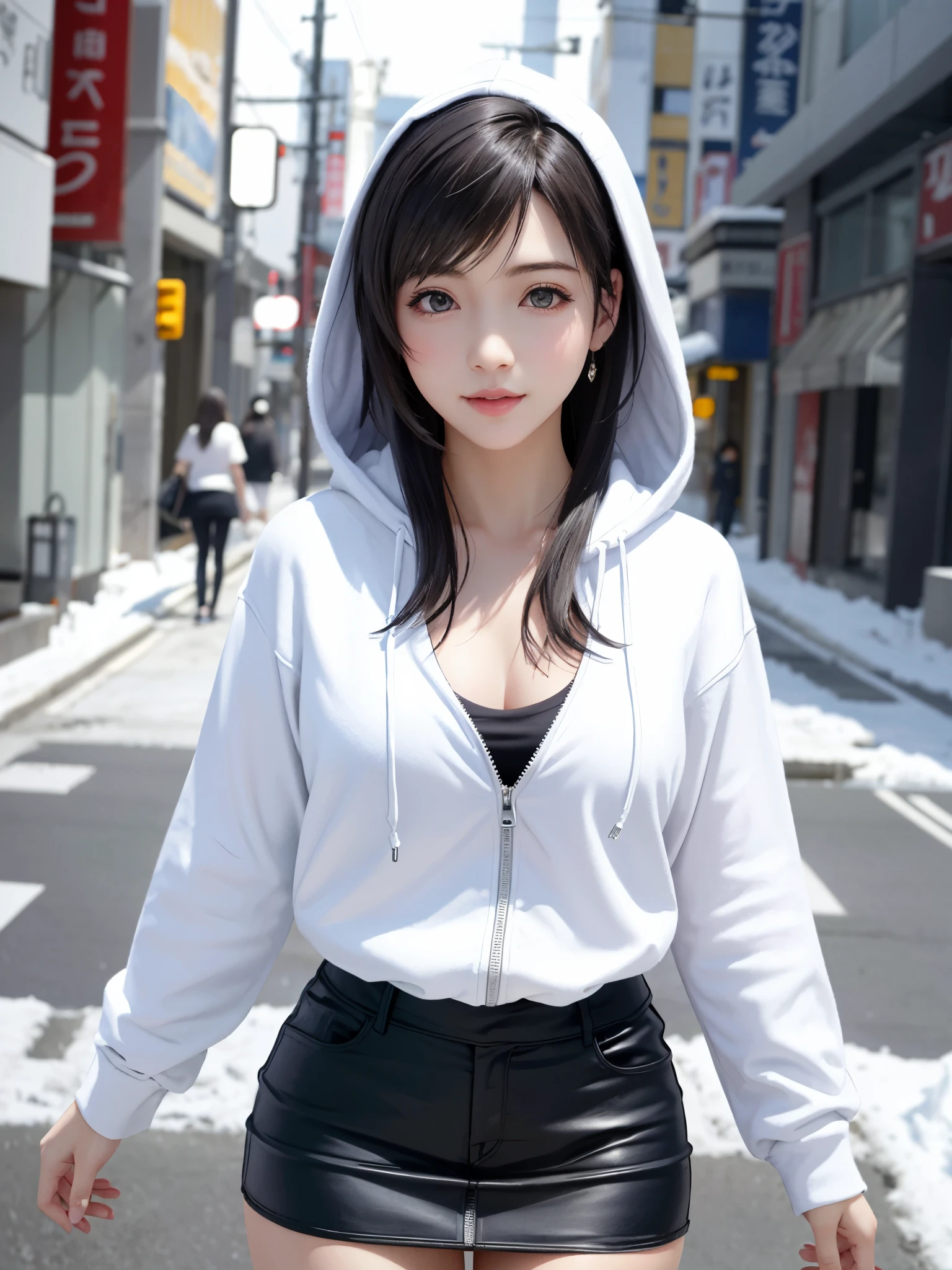 (top quality, masutepiece: 1.1), (Realistic: 1.3), BREAK (((FF7,Tifa_lockhart))),(solo,Tifa:1.2),(oversized large white hooded hoodie:1.3,long sleeve:1.2,shirt dress:1.3) ,(japan,sibuya,city, outdoor,hard snow:1.2),(erotic pose:1.1,nogizaka idol),Ultra-detailed face, Detailed eyes,Red eyes, BREAK (((FF7,Tifa_lockhart))),(black brown hair, Large breasts: 1.0), BREAK (no bra),(no panties),About 18 years old,kawaii,shy:1.1,cowboy shot, In the snow,Snow falls,I want to make love to you