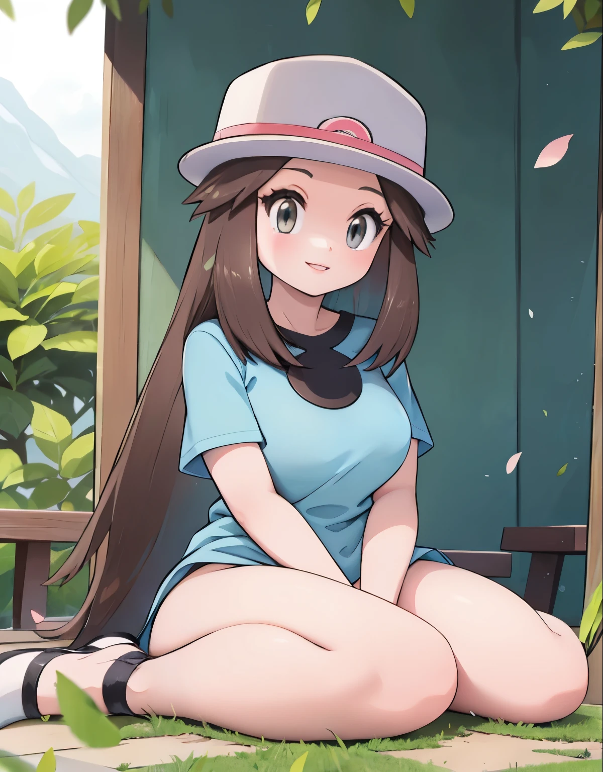 leaf Pokemon, full body, curvy body, beautiful detailed eyes, beautiful detailed lips, long eyelashes, visible thighs, thick thighs, sitting, knees together, smile, in a public park, pokemon, sunset, vibrant colors, soft lighting, (best quality, 4k, highres, masterpiece:1.2), ultra-detailed, realistic:1.37, professional, vivid colors, concept artists style, soft light, vibrant colors, dusty pink color tone