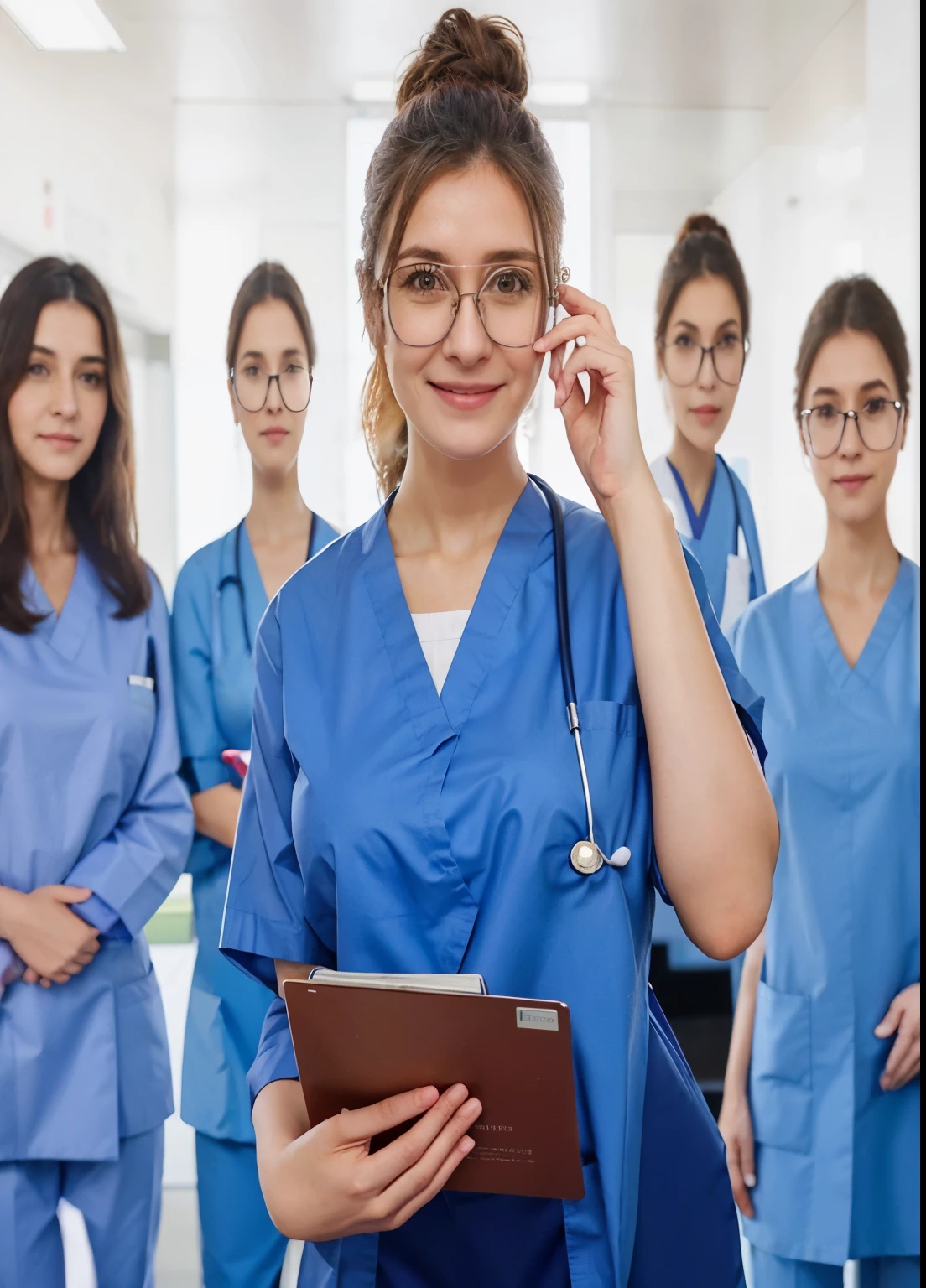 arafed female Infirmière in blue scrubs holding a clipboard and smiling, soins de santé worker, allaitement, Infirmière scrubs, Infirmière, medical médecin, Infirmière girl, soins de santé, Infirmière uniform, avec un stéthoscope, photographie médicale, porter une blouse de laboratoire et des lunettes, partisan de la santé, médecin, environnement médical propre, blouse chirurgicale et gommages, portrait, Infirmière costume