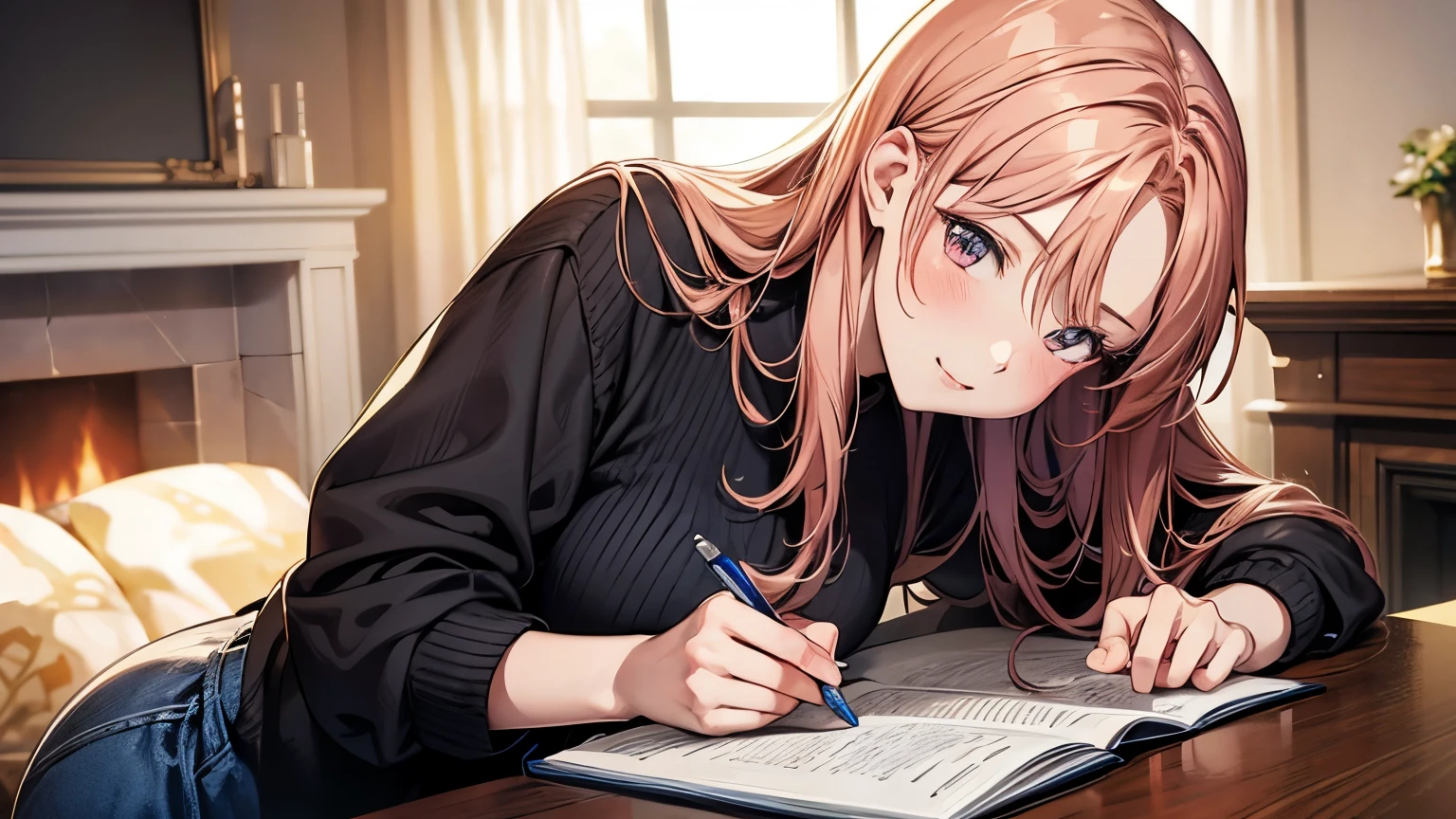 Home study with fireplace、A lot of books on the table, Writing with a pen, 1 girl, seductive anime girl, beautiful anime girl, beautiful attractive anime woman, beautiful charming anime , realistic anime girl render, attractive anime girl, cute anime girl, Smooth anime CG art, cute anime girl, beautiful anime woman, realistic anime, realistic young anime girl, detailed digital anime art