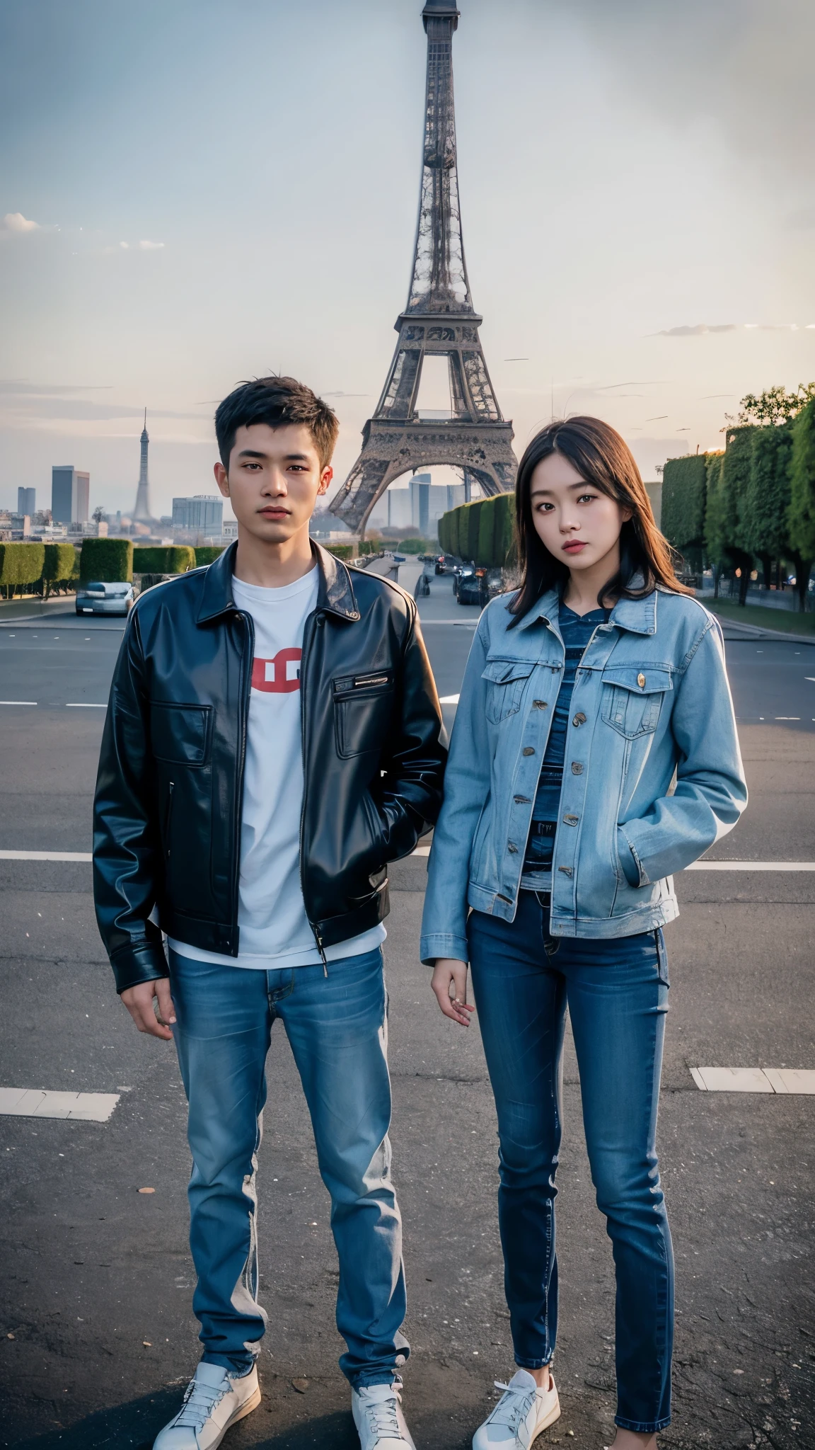Indonesian couple, boy and girl, body weight 70 kg, 25 years old, clean face, jeans, Indonesian leather, wearing a denim jacket and black bag, standing pose, photography style front photo, visible face, view of the Eiffel Tower right behind her, lights on around the street and city, standing somewhere on the Paris Bridge, the atmosphere is approaching sunset. ultra HD, real photo, very detailed, very sharp, 18mm lens, realistic, photography, leica camera