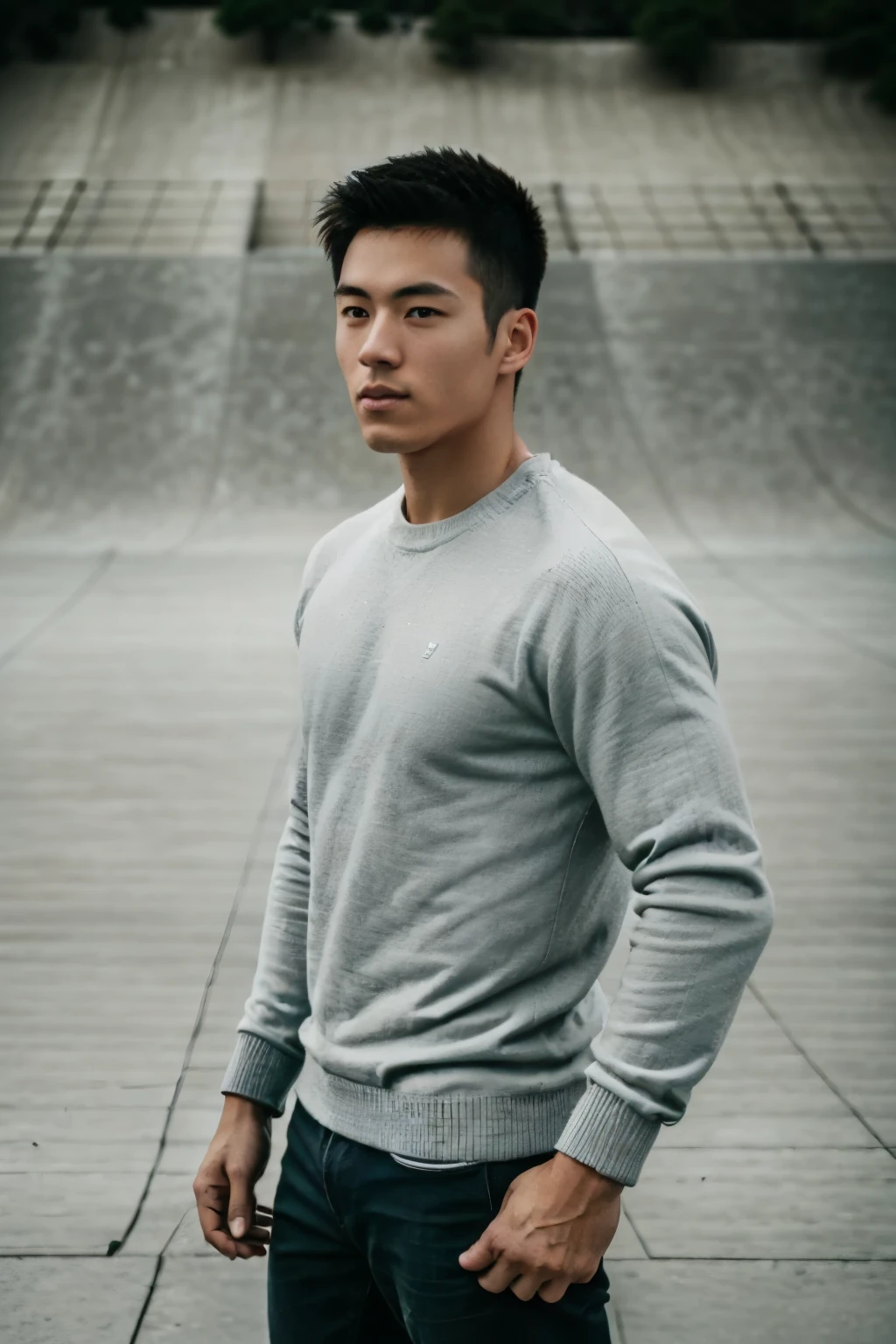 1man,
a 25 y.o muscular male wearing Red and white sports, Skateboarding field, Holding a skateboard, wearing a plain gray sweater,
soft lighting,
masterpiece, best quality, 8k uhd, dslr, film grain, Fujifilm XT3 photorealistic
