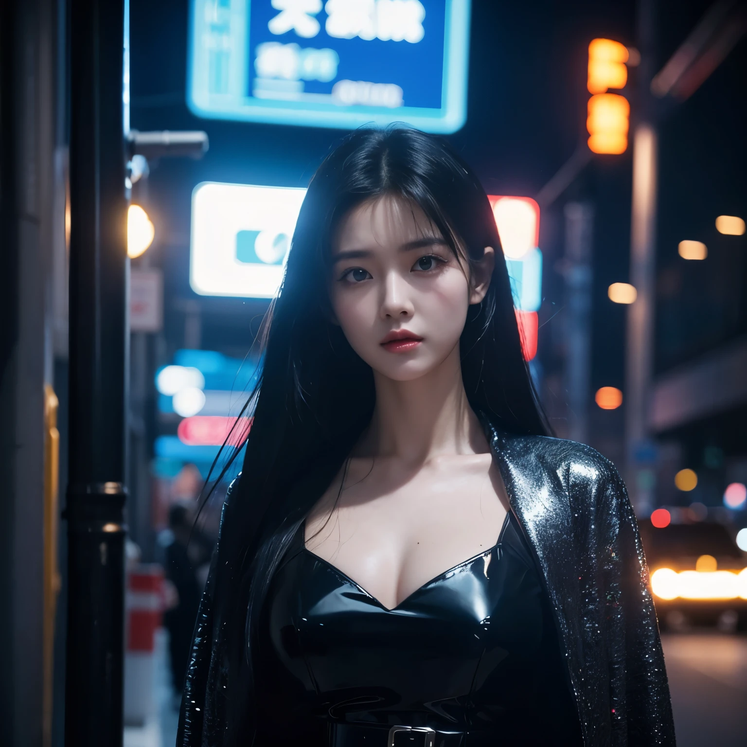 a woman, black hair, blue eyes, long hair, Korean, shiny dress, cyberpunk, futuristic city, 1987 style, 1987 film, masterpiece, best quality, blade runners style.