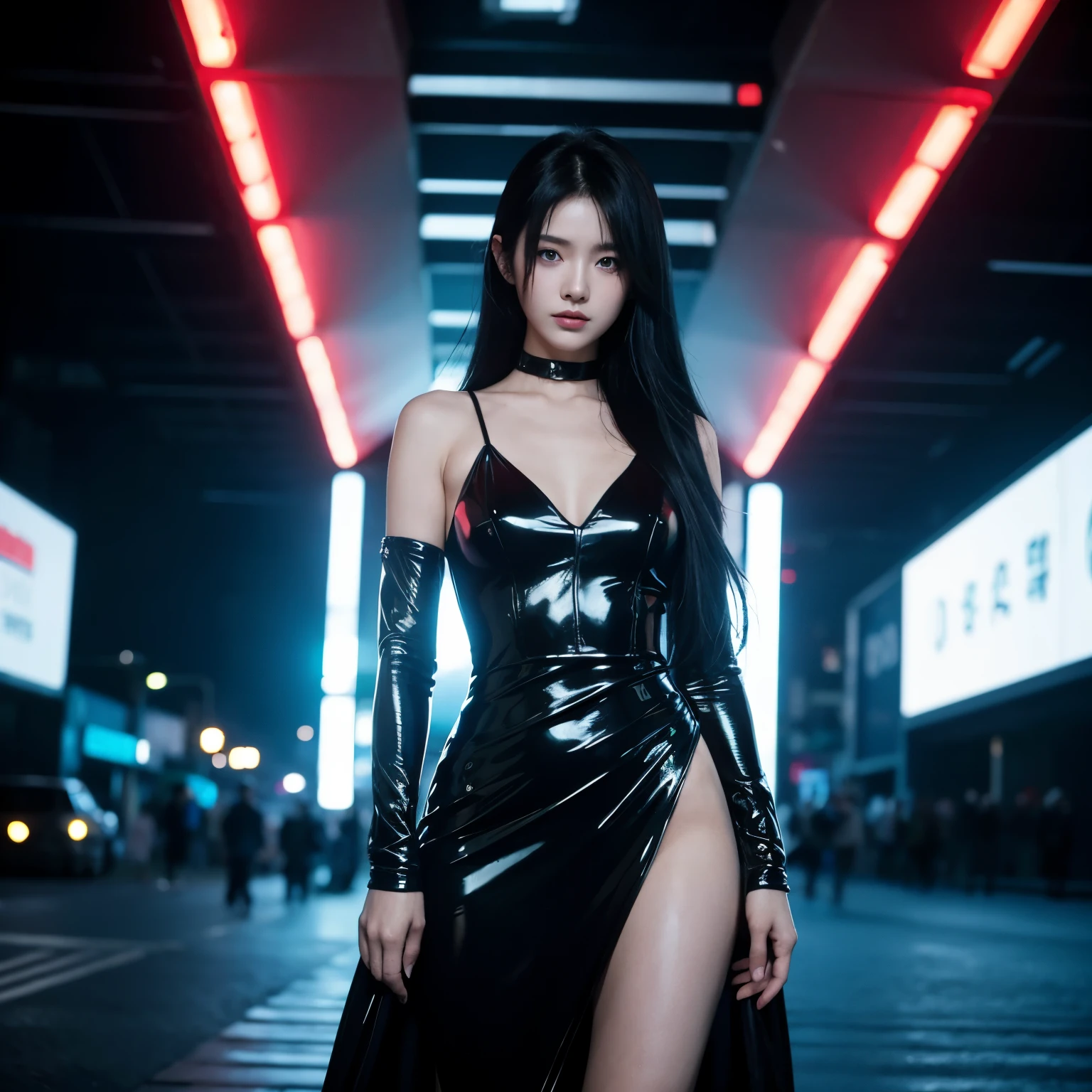 a woman, black hair, blue eyes, long hair, Korean, shiny dress, cyberpunk, futuristic city, 1987 style, 1987 film, masterpiece, best quality, blade runners style.