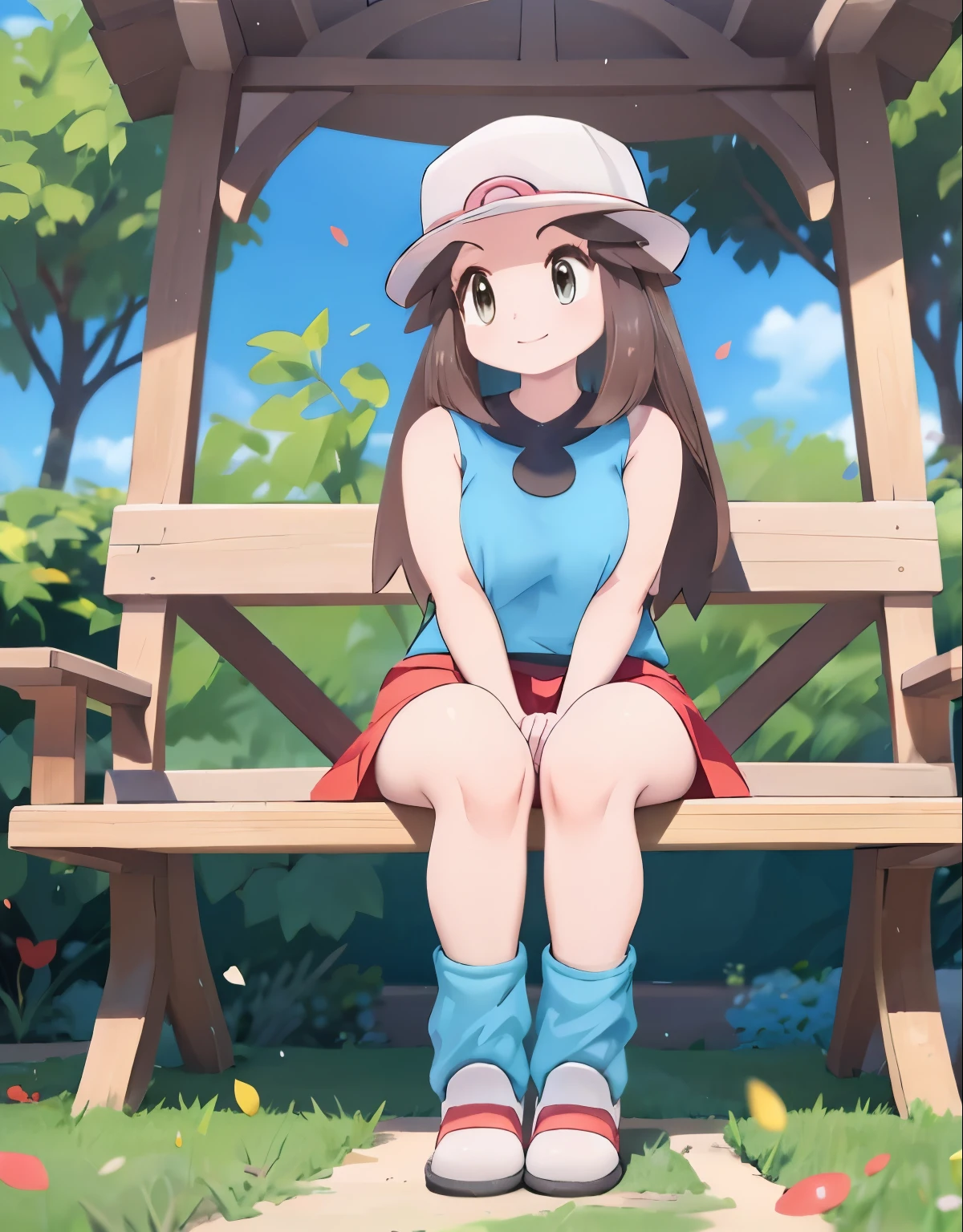 leaf Pokemon, full body, curvy body, tareme eyes, eyes, beautiful detailed eyes, red skirt, blue shirt, sleeveless, white hat, loose socks, white footwear, long eyelashes, visible thighs, thick thighs, sitting, knees together, smile, in a public park, pokemon, sunset, vibrant colors, soft lighting, (best quality, 4k, highres, masterpiece:1.2), ultra-detailed, realistic:1.37, professional, vivid colors, concept artists style, soft light, vibrant colors, dusty pink color tone,