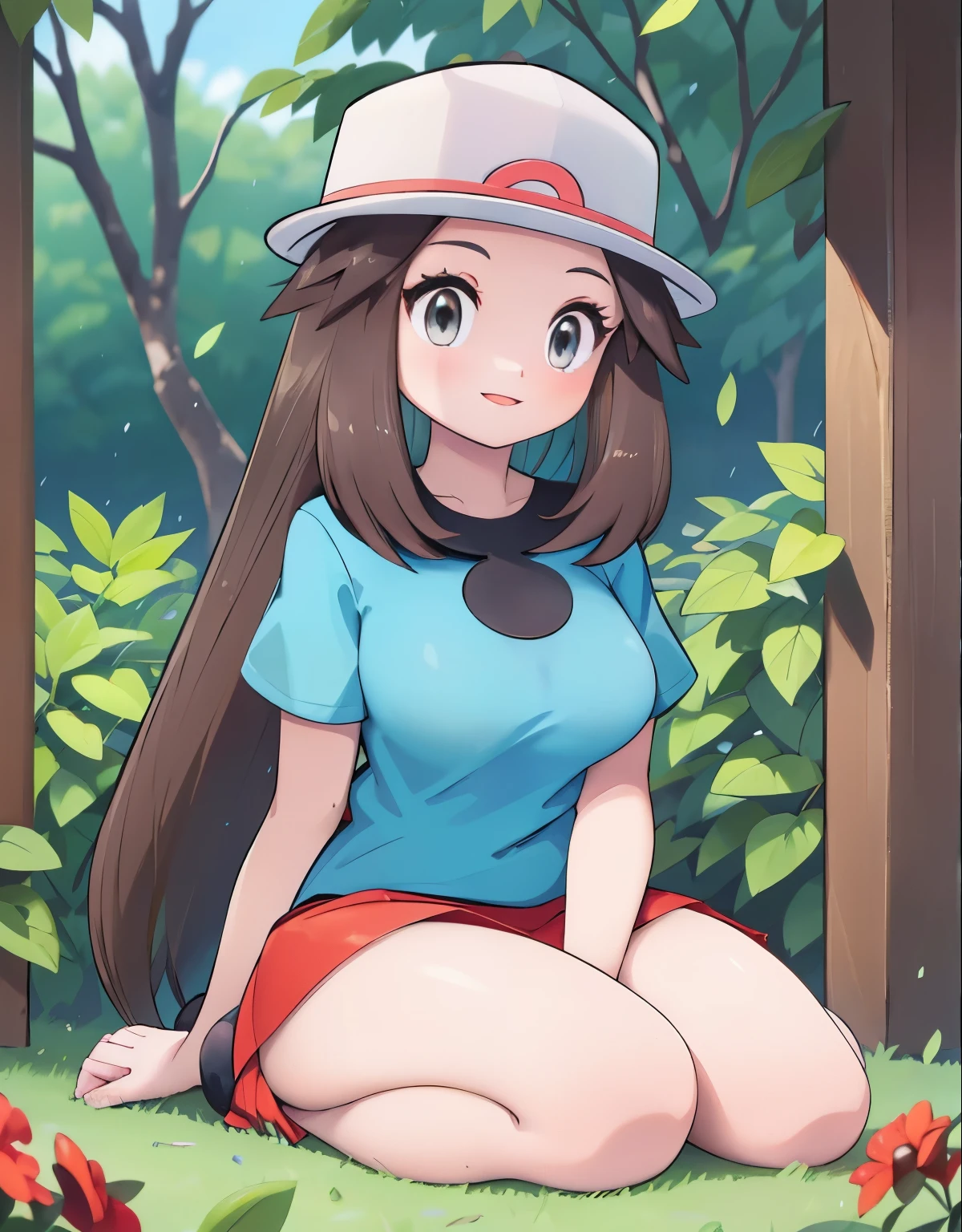 leaf Pokemon, full body, curvy body, beautiful detailed eyes, beautiful detailed lips, long eyelashes, visible thighs, thick thighs, sitting, red skirt, blue shirt, knees together, smile, in a public park, pokemon, vibrant colors, soft lighting, (best quality, 4k, highres, masterpiece:1.2), ultra-detailed, realistic:1.37, professional, vivid colors, concept artists style, soft light, vibrant colors, dusty pink color tone