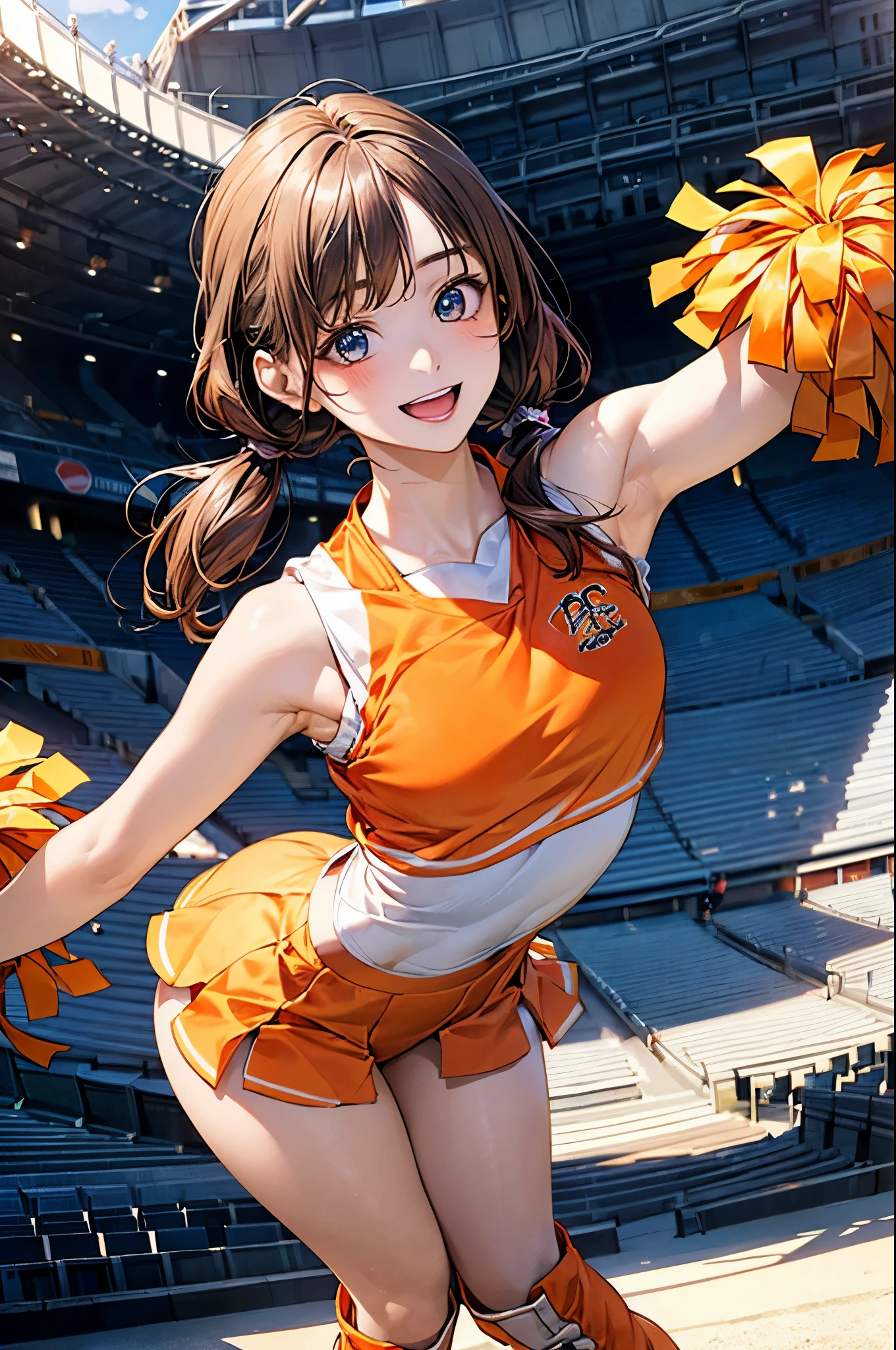 (masterpiece:1.2, top-quality), (realistic, photorealistic:1.4), beautiful illustration, (natural side lighting, movie lighting), depth of fields, back lighting, 
looking at viewer, 1 girl, japanese, high chool girl, 17 years old, perfect face, cute and symmetrical face, shiny skin, 
(middle hair, low twintails, light brown hair), asymmetrical bangs, blue eyes, long eye lasher, (medium breasts), cute round face, beautiful make up, 
beautiful hair, beautiful face, beautiful detailed eyes, beautiful clavicle, beautiful body, beautiful chest, beautiful thigh, beautiful legs, beautiful fingers, 
((sleeveless orange cheerleader:1.2), boots), 
(beautiful scenery), evening, (stadium background:1.2), extremely cute, arm up, armpits, (lovely smile, open mouth), 