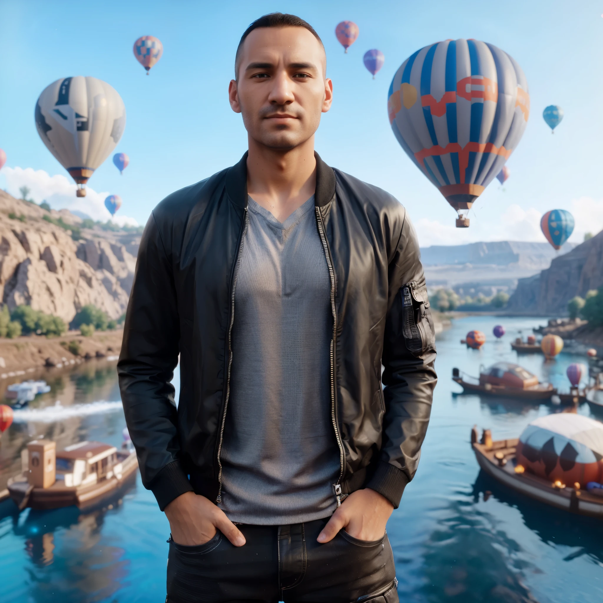 arafed man standing in front of a river with hot air balloons in the background, anton fadeev 8 k, 3d character realistic, 8k portrait render, 3 d demo reel avatar, cinematic realistic portrait, photorealistic artstyle, adventure hyper realistic render, trending on unreal engine 5, 3 d render character art 8 k, made in unreal engine 5