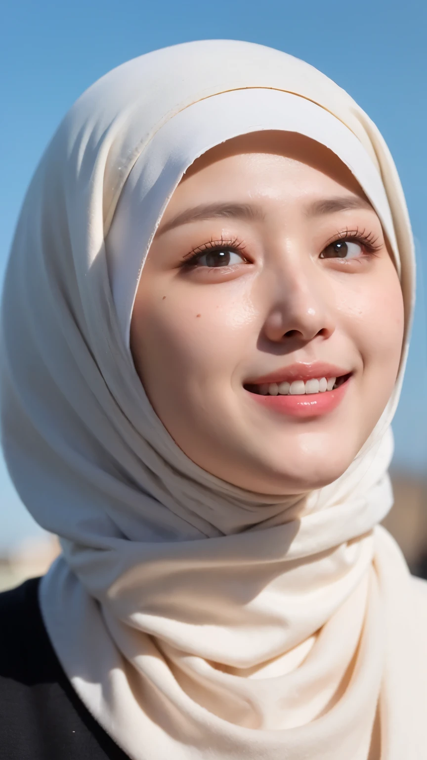 ((Best quality, 8k, Masterpiece :1.37)), (wear hijab girls), girls wear hijab, (girls wearing hijab moslem), beautiful face, face bukkake, 18 years old girls, hair black, ultra detailed face, ultra detailed body, slim body, lips smile, Beautiful detailed eyes, eyes korean, detailed nose, Natural Lip, ((Lips Smile)), face smile, Wear hijab moslem, fancy jubba thobbe, (photo full body), photo taken from below, view of the blue sky, Slim Body, realistic face, backround people hijab , (full body photo)