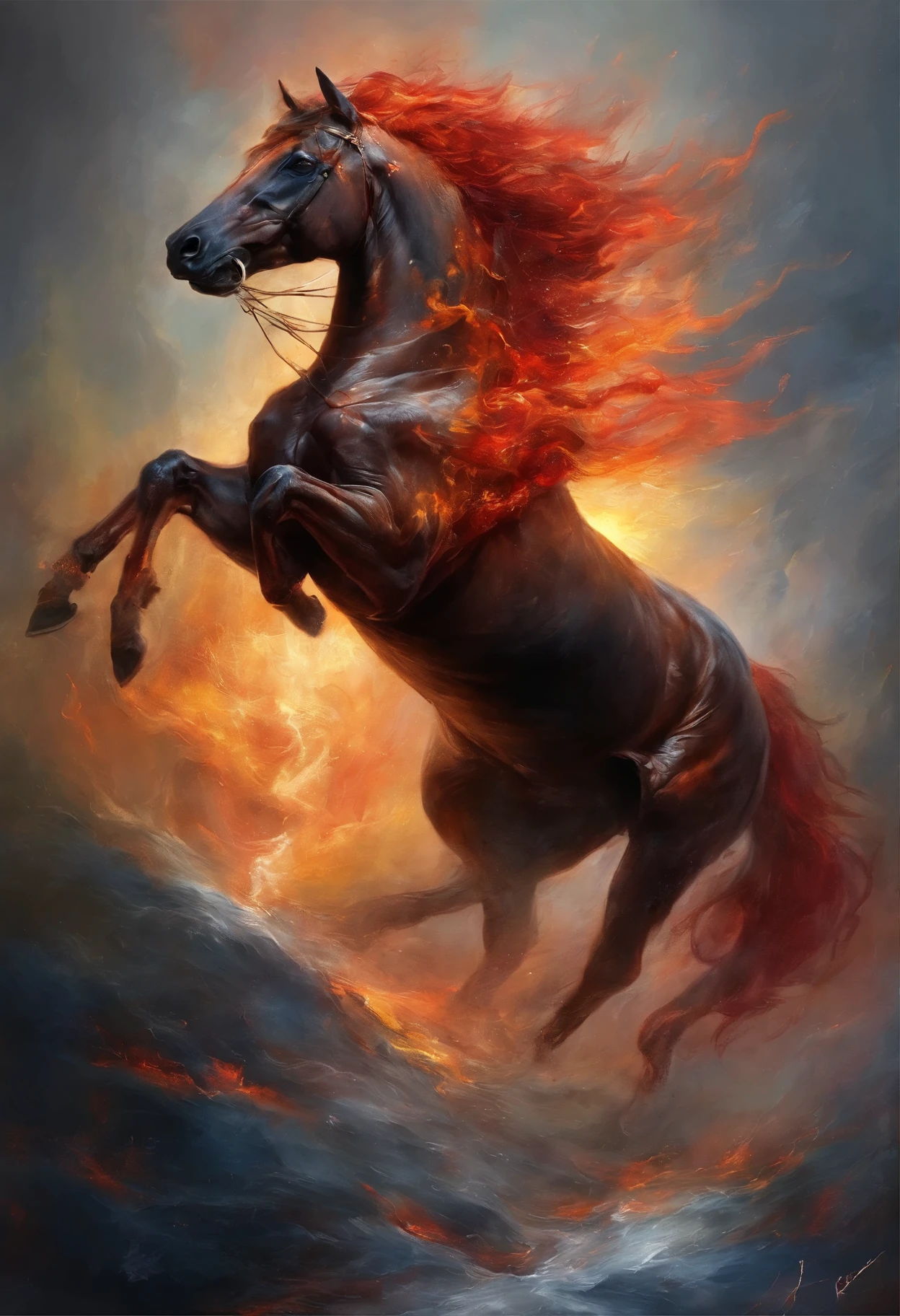 (Legendary artwork),(flaming unicorn),red-black body,Fluorescence,rendering by octane:1.5,in a cloud, on fire unicorn ,Ultra-clear image quality,(Cloud effects:1.5),(Lightning effects:1.5),(Water vapor effect:1.5),super detailing,8K,official works