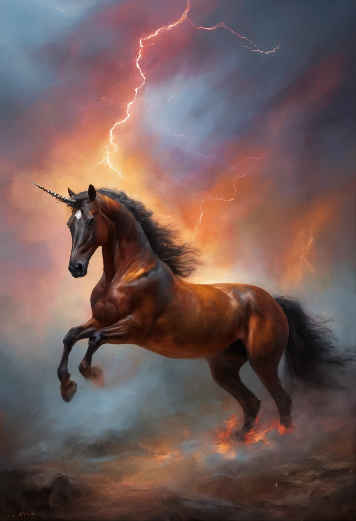 （Legendary artwork），（flaming unicorn），red-black body，Fluorescence，rendering by octane：1.5，in a cloud, on fire unicorn ，Ultra-clear image quality，（Cloud effects：1.5），（Lightning effects：1.5），（Water vapor effect：1.5），super detailing，8K，official works
