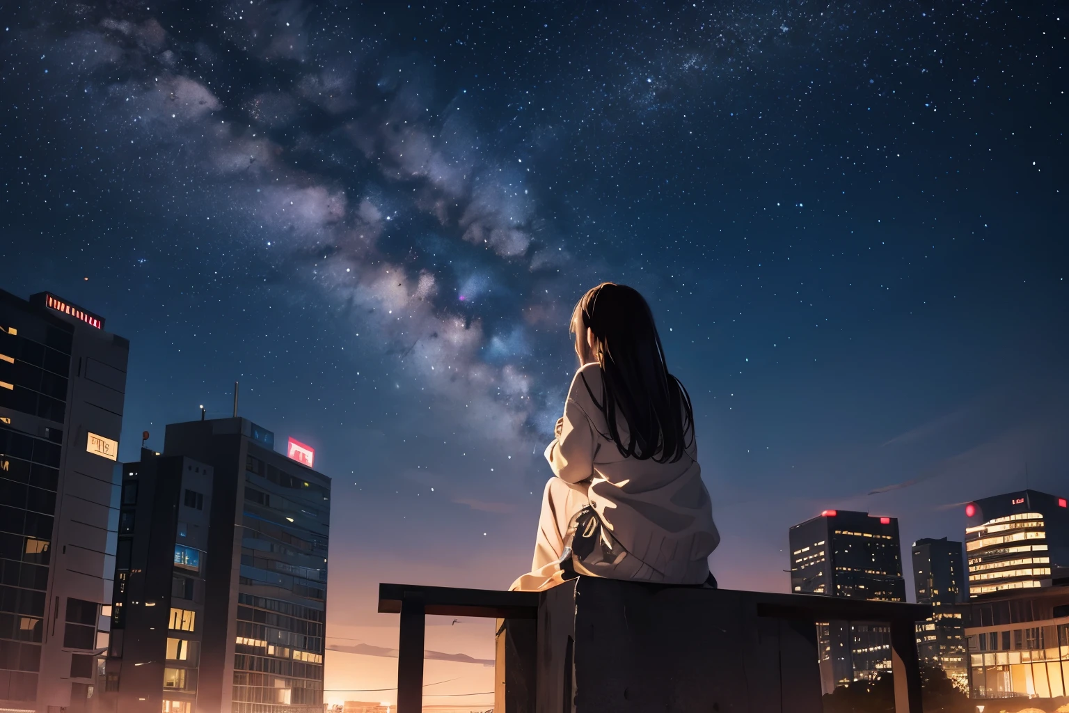 octane, null, star (null), scenery, starry null, night, 1 girl, night null, alone, outdoor, building, cloud, milky way, sitting, wood, long hair, city, silhouette, cityscape