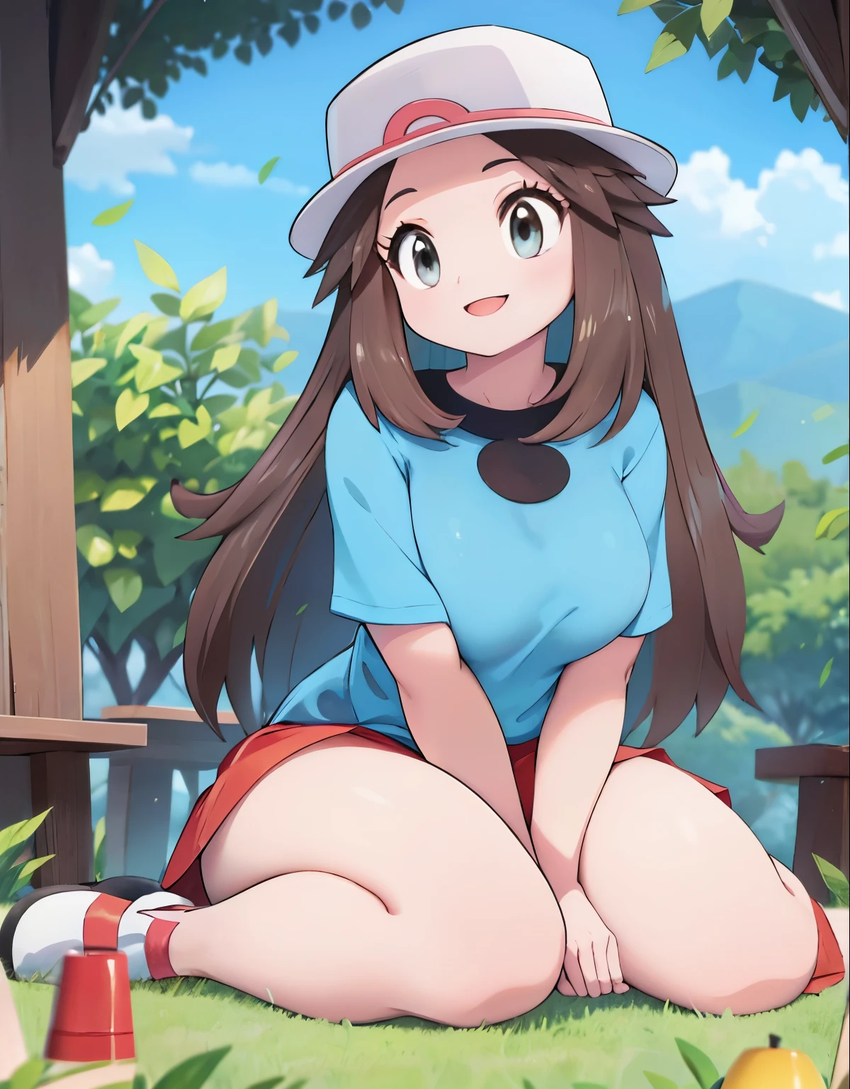 leaf Pokemon, full body, curvy body, beautiful eyes, detailed eyes, long eyelashes, visible thighs, thick thighs, sitting, red skirt, blue shirt, knees together, smile, in a public park, picnic, pokemon, vibrant colors, soft lighting, (best quality, 4k, highres, masterpiece:1.2), ultra-detailed, realistic:1.37, professional, vivid colors, concept artists style, soft light, vibrant colors, dusty pink color tone