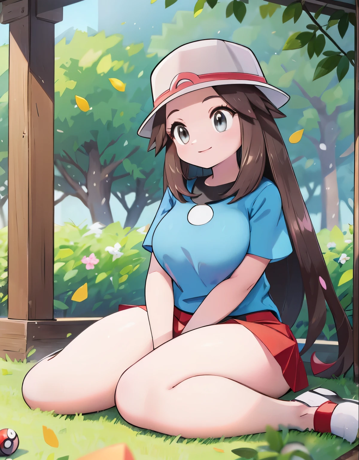 leaf Pokemon, full body, curvy body, beautiful eyes, detailed eyes, long eyelashes, visible thighs, thick thighs, sitting, red skirt, blue shirt, knees together, smile, in a public park, picnic, pokemon, vibrant colors, soft lighting, (best quality, 4k, highres, masterpiece:1.2), ultra-detailed, realistic:1.37, professional, vivid colors, concept artists style, soft light, vibrant colors, dusty pink color tone