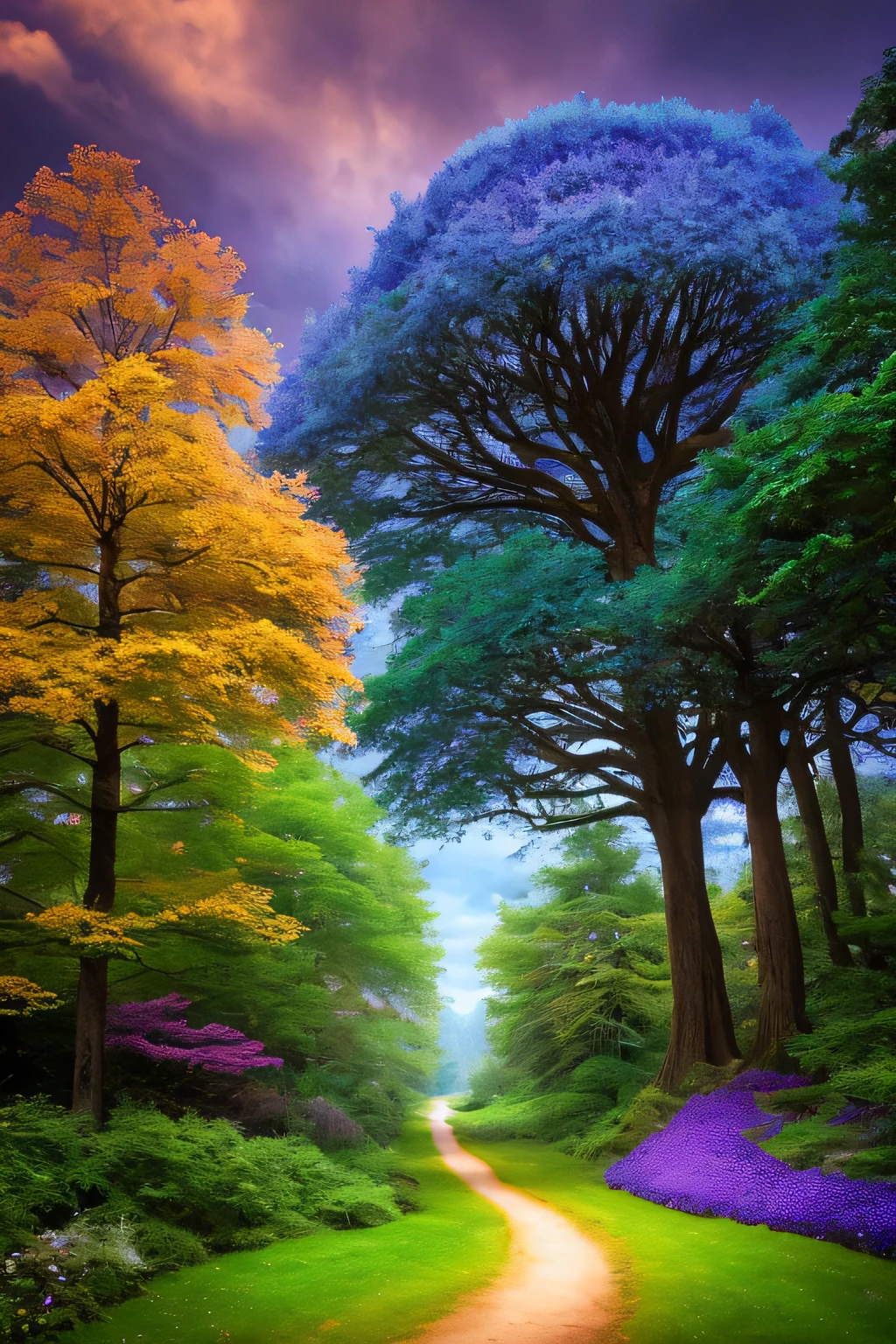 masterpiece, best quality, high quality, extremely detailed 8k wallpaper, An enchanting and dreamy scene of a fantasy forest, with towering trees, glowing mushrooms, and hidden fairy glens, creating a sense of mystique and enchantment, intricate, trending, award winning photography, Depth of Field, HDR, bloom, extremely detailed, Intricate, High Detail, dramatic, lots of blues and purples, path