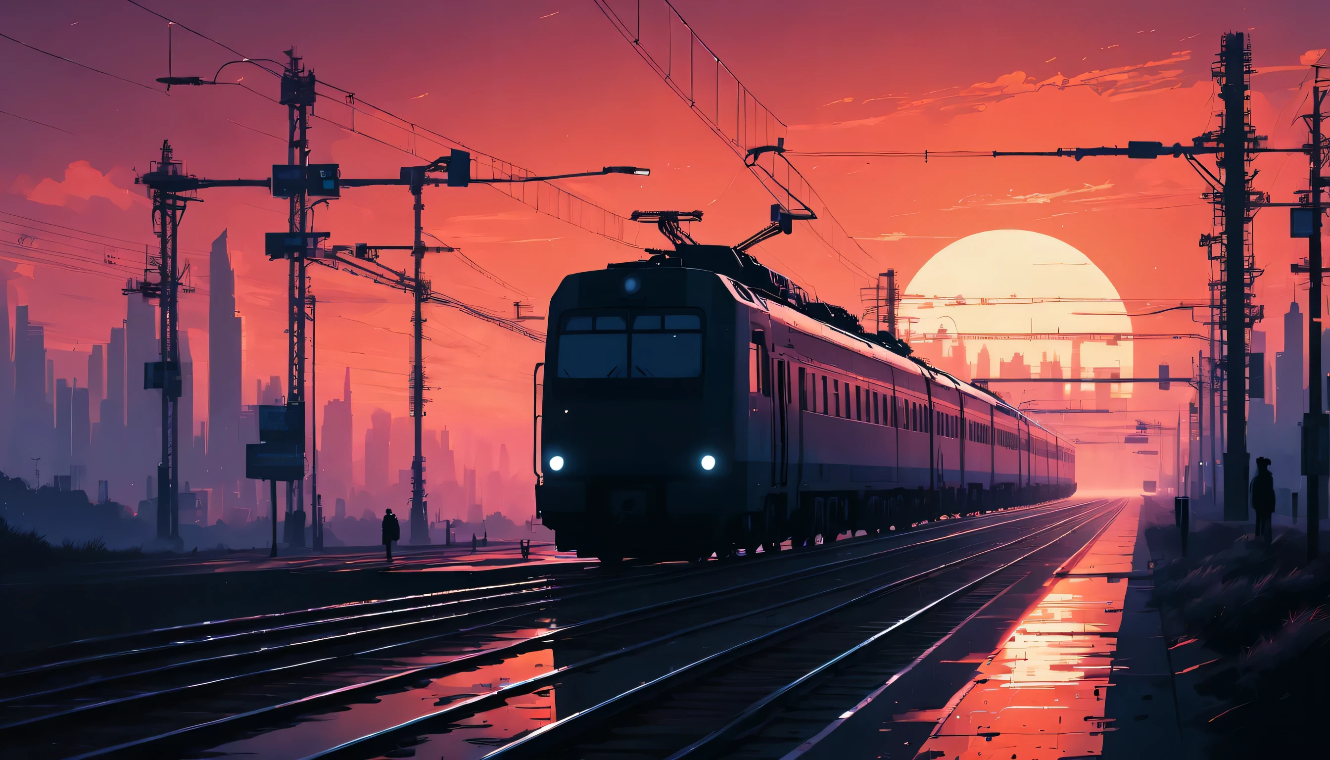 station silhouette art, By Alena Aenami, Strengthen, Complex, (highest quality, masterpiece, Representative works, official art, Professional, unity 8k wallpaper:1.3)