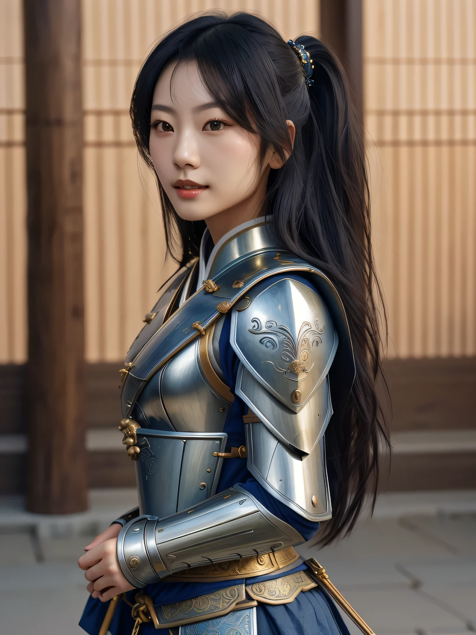 arafed Asian woman in gold and blue outfit standing, female samurai, perfect face, perfect eyes, beautiful model, small lips, pretty smile, Mix Asian and European origins, very beautiful samurai, Japanese warrior, beautiful female warrior, a beautiful woman warrior, beautiful armor, intrigant silver and red engraved heavy armor, full body white wuxia, by Han Gan, cgsociety 4k”, by Yang J, realistic, neatly tied-up hair, sideways, from side