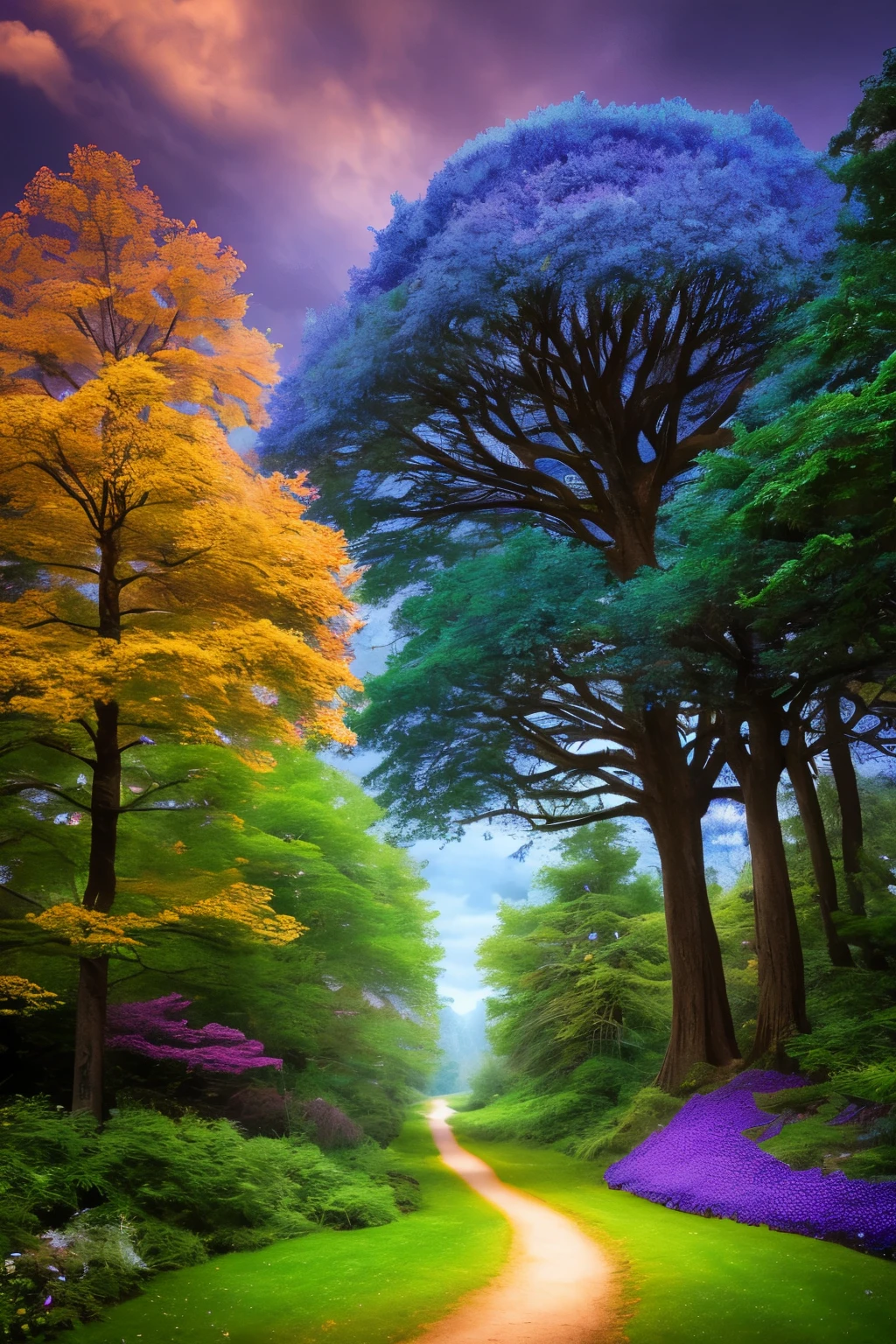 masterpiece, best quality, high quality, extremely detailed 8k wallpaper, An enchanting and dreamy scene of a fantasy forest, with towering trees, glowing mushrooms, and hidden fairy glens, creating a sense of mystique and enchantment, intricate, trending, award winning photography, Depth of Field, HDR, bloom, extremely detailed, Intricate, High Detail, dramatic, lots of blues and purples, path