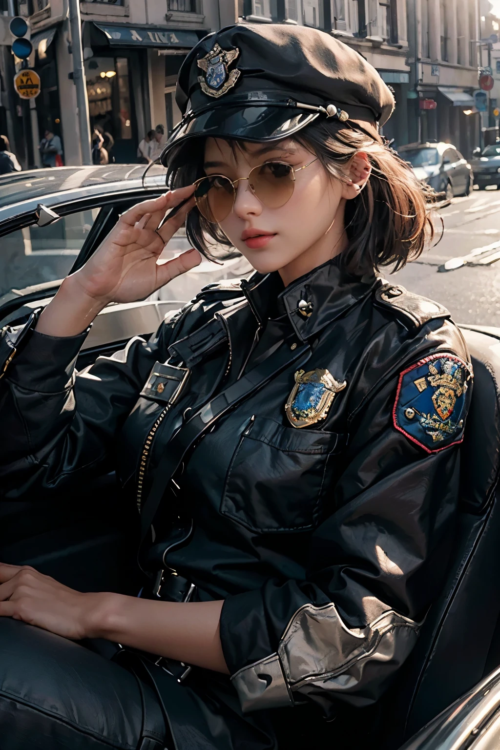 ((Top quality, 8K, Masterpiece: 1.3)), Sharp focus: 1.2, Policewoman, Sitting on Squad Car, Wearing Sunglasses, ((Realistic, Photo-realistic: 1.3)), best quality, highly detailed, masterpiece, ultra-detailed, illustration, 1 woman, Upper body, Side view, Dynamic angle, World masterpiece theater, Realistic police uniform, (Detailed face: 1.4), Realistic sunglasses, Attractive, Fine details, Realistic skin, Realistic eyes, Sunglasses reflecting sunlight, Solo, 1 girl, Looking at Viewer, Professional pose,