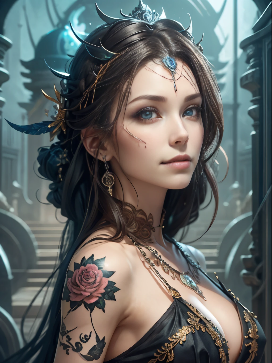 Dark Style Beautiful Underworld Princess Spooky Bad Smile Tattoo Anime 3D Style 3D Dark Night Black Sky Horror ((Cold Complex Skull Accessories )) (Guvez style artwork) ((Black underground palace with huge complex structure in background)) Leica lens Depth of Field (Masterpiece, Top Quality, Best Quality, Official Art, Beauty and Aesthetics: 1.2), (1girl: 1.3), (Fractal Art: 1.3) --V6 --Q2 ---S1000