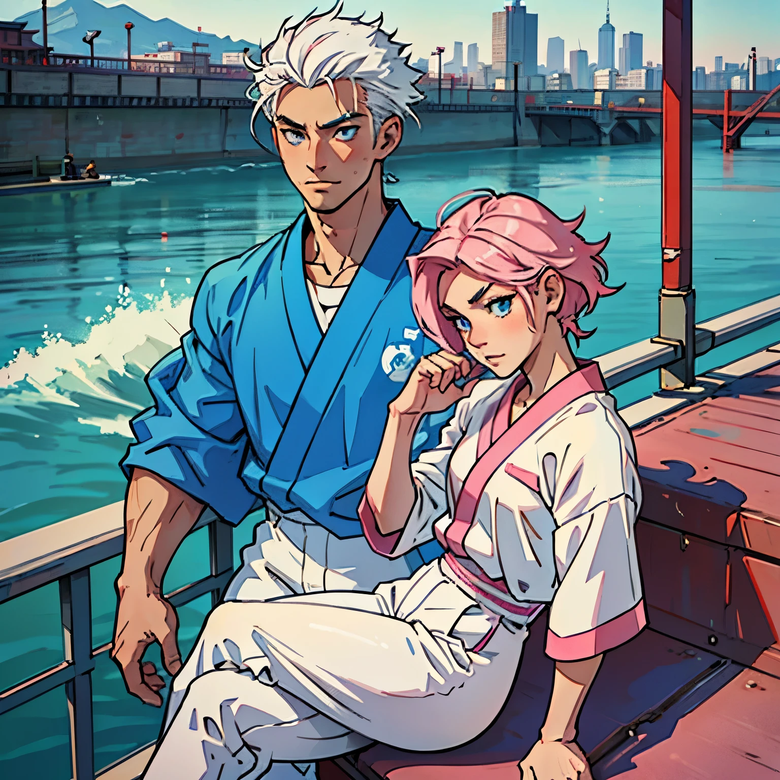 A young Japanese man in sportswear, with white hair, no beard, blue eyes and white eyebrows, and a woman with pink bobbed hair sit on a bridge looking out over the city.