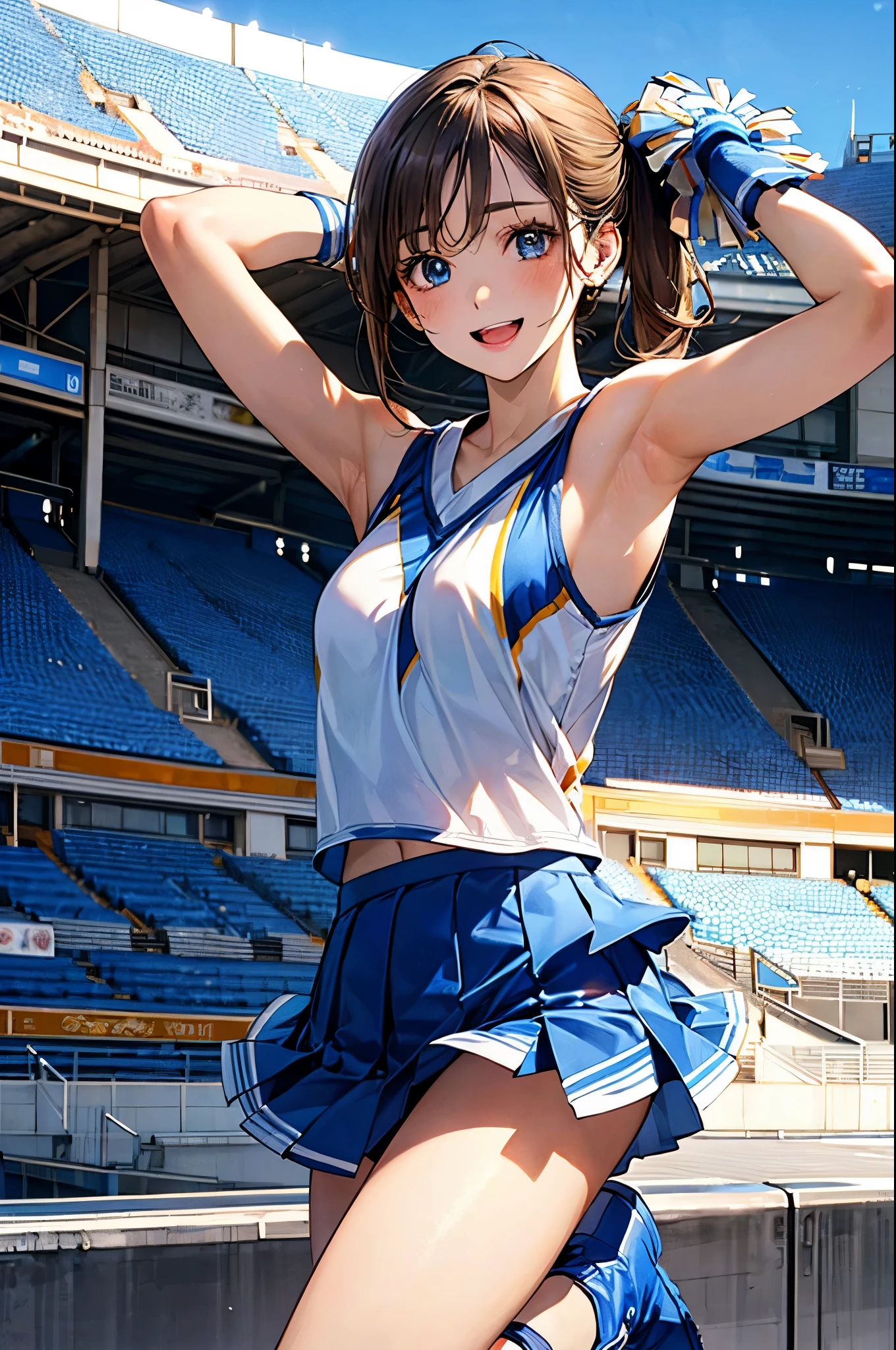 (masterpiece:1.2, top-quality), (realistic, photorealistic:1.4), beautiful illustration, (natural side lighting, movie lighting), depth of fields, back lighting,
looking at viewer, 1 girl, japanese, high chool girl, 17 years old, perfect face, cute and symmetrical face, shiny skin,
(middle hair, side ponytail, light brown hair), asymmetrical bangs, blue eyes, long eye lasher, (medium breasts), cute round face, beautiful make up,
beautiful hair, beautiful face, beautiful detailed eyes, beautiful clavicle, beautiful body, beautiful chest, beautiful thigh, beautiful legs, beautiful fingers,
((sleeveless light blue cheerleader:1.2), boots),
(beautiful scenery), evening, (stadium background:1.2), extremely cute, arm up, armpits, (lovely smile, open mouth),