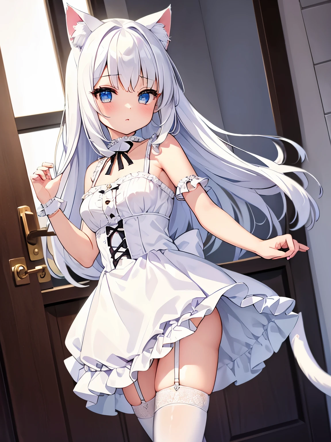 masterpiece, {{{{Highest quality}}}}, beautiful,1 girl, White_hair, cat ears(White), cat tail(White), frilled choker、miniskirt_dress, bare_shoulders, garter belt,garter straps