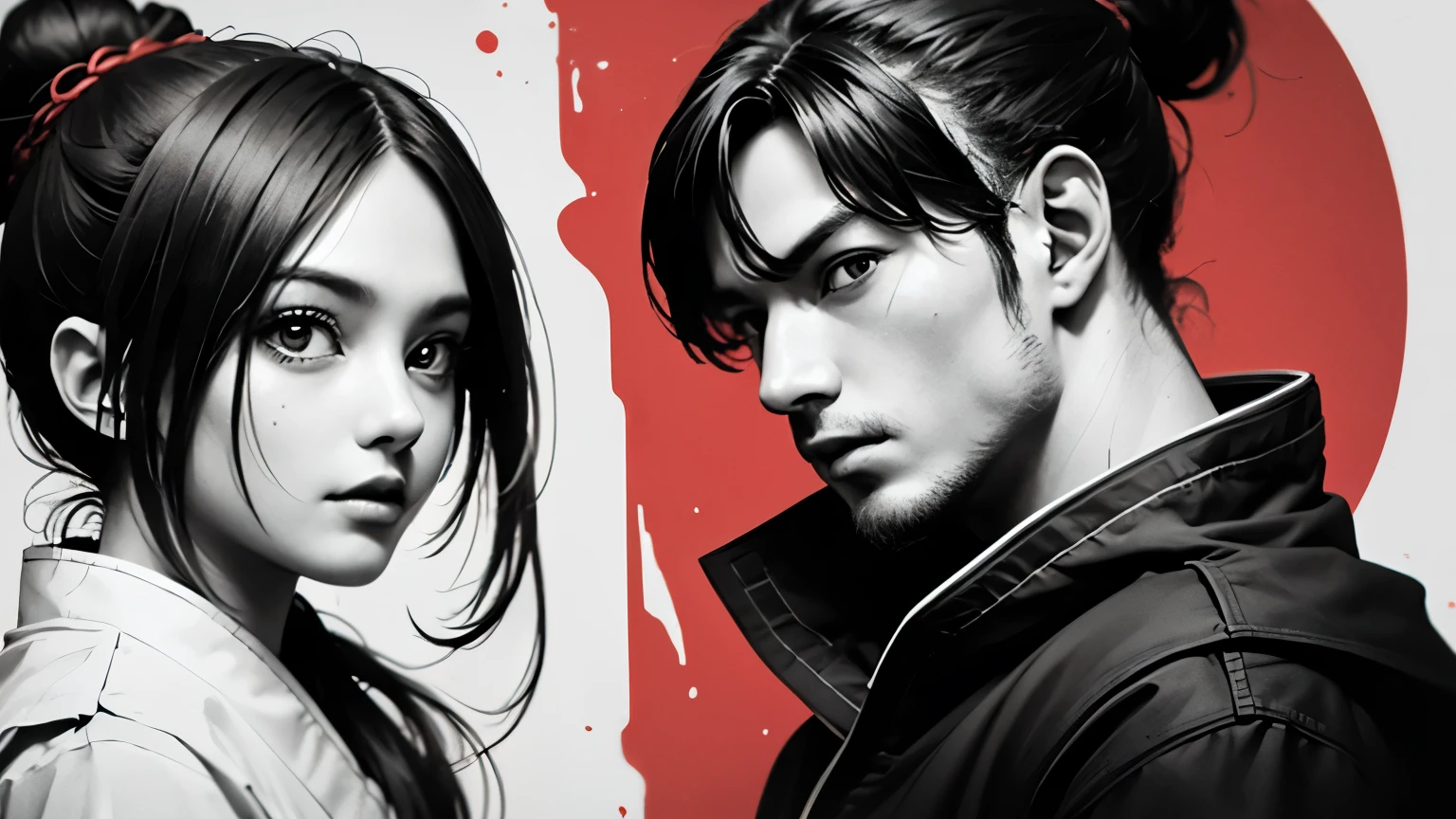 Two male and female ninjas、The man is a handsome, strong ninja with short hair and stubble.、The woman is a very beautiful kunoichi with long hair tied in a bun.、front、Staring at me、Ninja masterpiece, by Ase Berg, High Contrast Color Detail, black and white and red, anime style, japanese theme, very detailed, super high quality, 16K, complex lighting, chiaroscuro, One color ink spot on a dim red background, Drawing stroke made with 0.5mm rotring pen