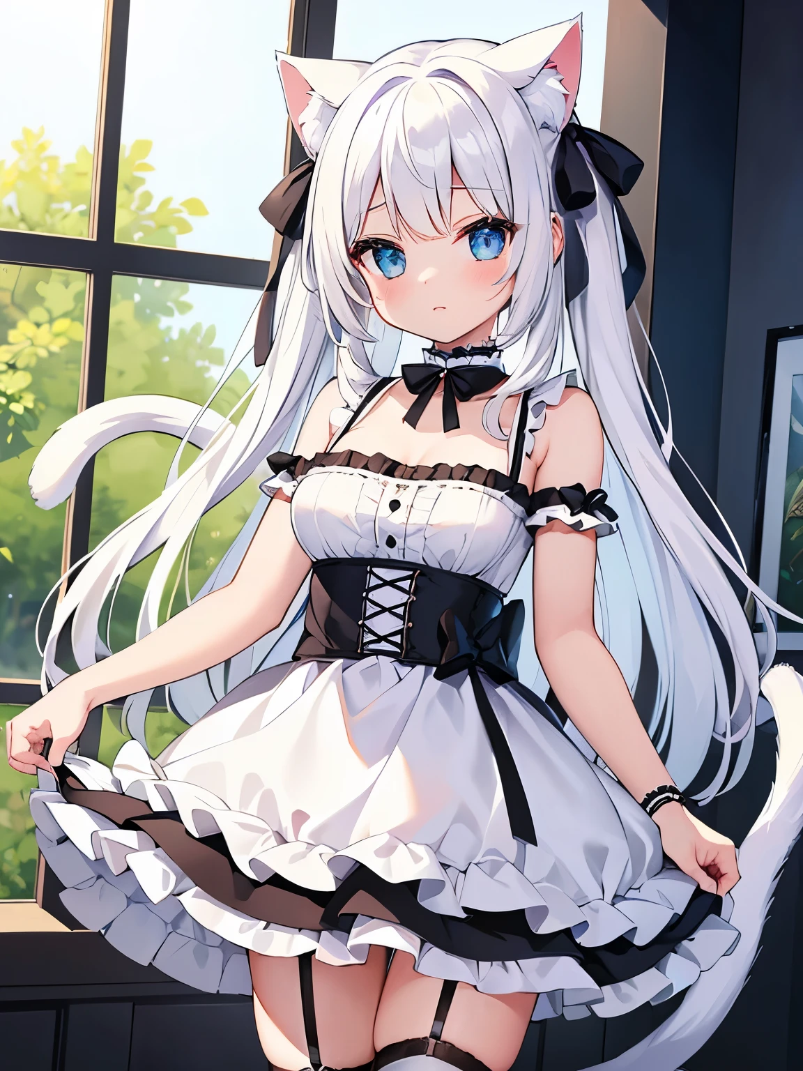 masterpiece, {{{{Highest quality}}}}, beautiful,1 girl, White_hair, cat ears(White), cat tail(White), frilled choker、miniskirt_dress, bare_shoulders, garter belt,garter straps