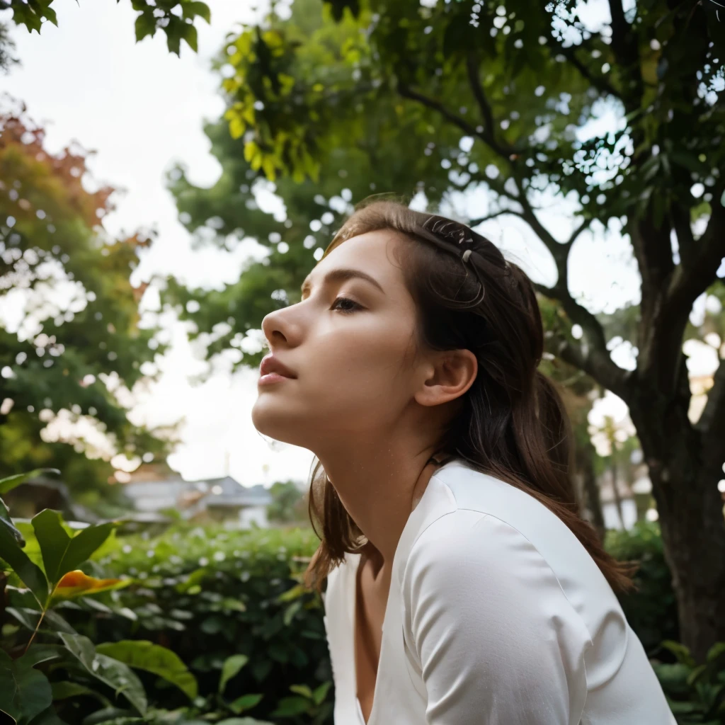 woman with white suite sit in stool from front angle shot. white bacground with some aesthetic leaves
woman with white suite from below angle shot. white bacground with some aesthetic leaves