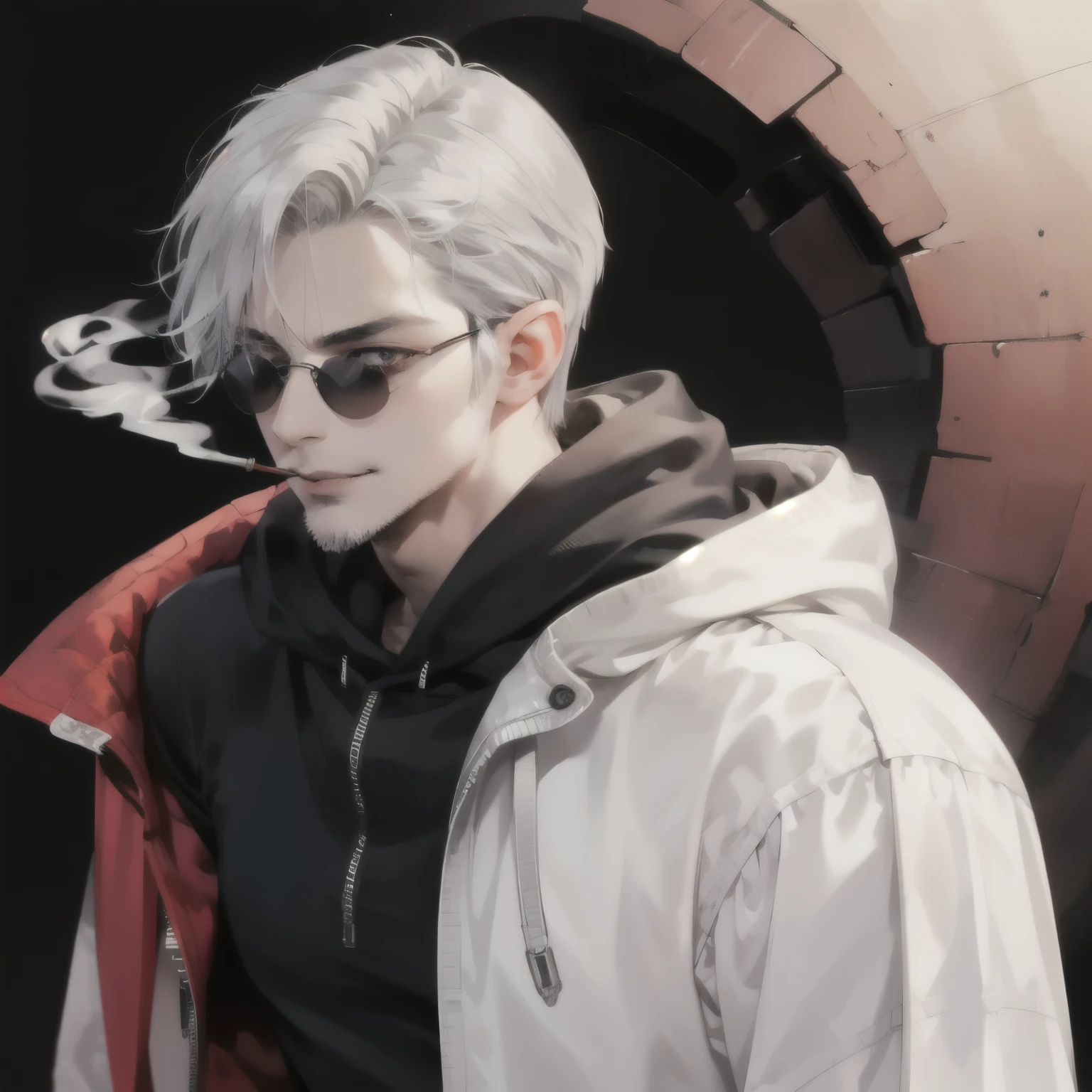 masterpiece, best quality, high quality, 1boy, solo, elder male focus, masculine body with small beard and black aviator glasses, cool looking pose, smoking, age 30, half body, red eyes, silver very short hair, pointy ears, realistic, hoodie, smirk, dark spiral background