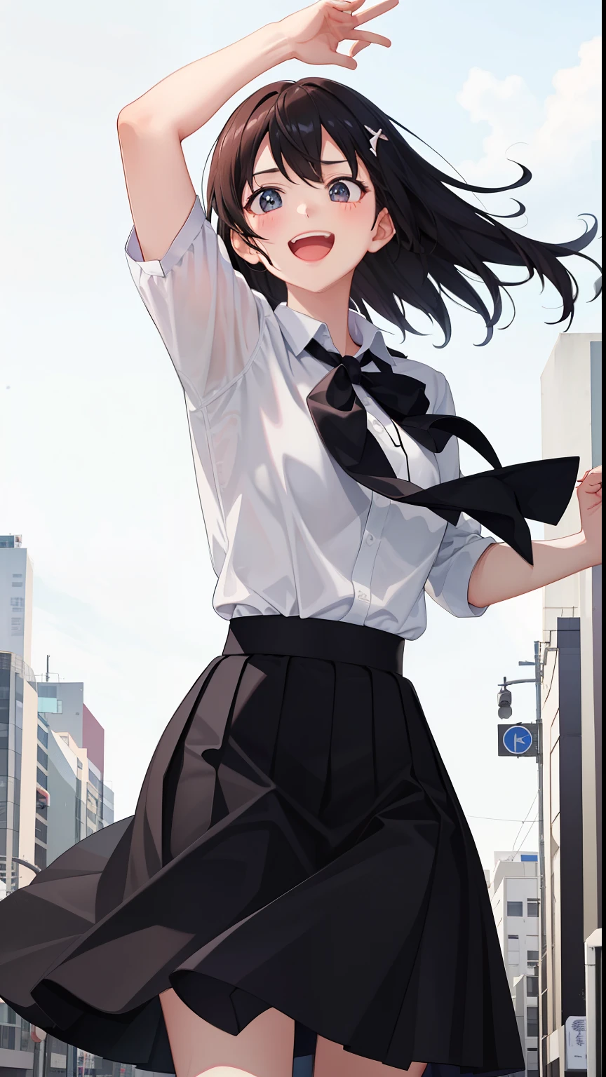 1 girl、laughter、shirt、blouse、skirt、()Chirarism、movement、