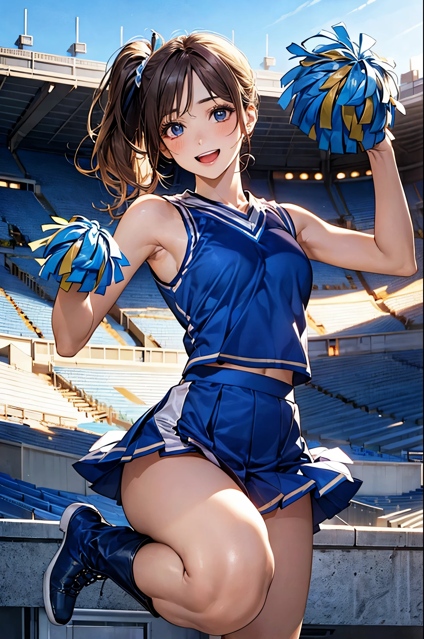 (masterpiece:1.2, top-quality), (realistic, photorealistic:1.4), beautiful illustration, (natural side lighting, movie lighting), depth of fields, back lighting,
looking at viewer, 1 girl, japanese, high chool girl, , perfect face, cute and symmetrical face, shiny skin,
(middle hair, side ponytail, light brown hair), asymmetrical bangs, blue eyes, long eye lasher, (medium breasts), cute round face, beautiful make up,
beautiful hair, beautiful face, beautiful detailed eyes, beautiful clavicle, beautiful body, beautiful chest, beautiful thigh, beautiful legs, beautiful fingers,
((sleeveless light blue cheerleader:1.2), boots),
(beautiful scenery), evening, (stadium background:1.2), extremely cute, arm up, armpits, (lovely smile, open mouth),