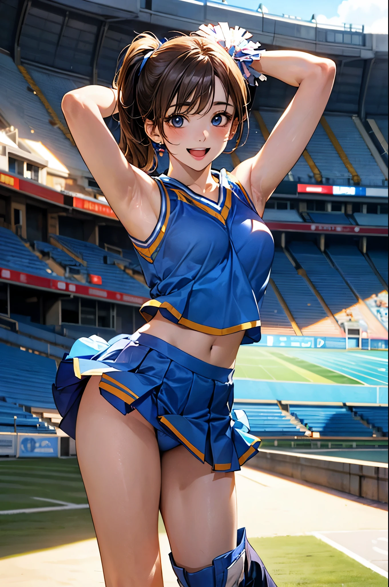 (masterpiece:1.2, top-quality), (realistic, photorealistic:1.4), beautiful illustration, (natural side lighting, movie lighting), depth of fields, back lighting,
looking at viewer, 1 girl, japanese, high chool girl, , perfect face, cute and symmetrical face, shiny skin,
(middle hair, side ponytail, light brown hair), asymmetrical bangs, blue eyes, long eye lasher, (medium breasts), cute round face, beautiful make up,
beautiful hair, beautiful face, beautiful detailed eyes, beautiful clavicle, beautiful body, beautiful chest, beautiful thigh, beautiful legs, beautiful fingers,
((sleeveless light blue cheerleader:1.2), boots),
(beautiful scenery), evening, (stadium background:1.2), extremely cute, arm up, armpits, (lovely smile, open mouth),