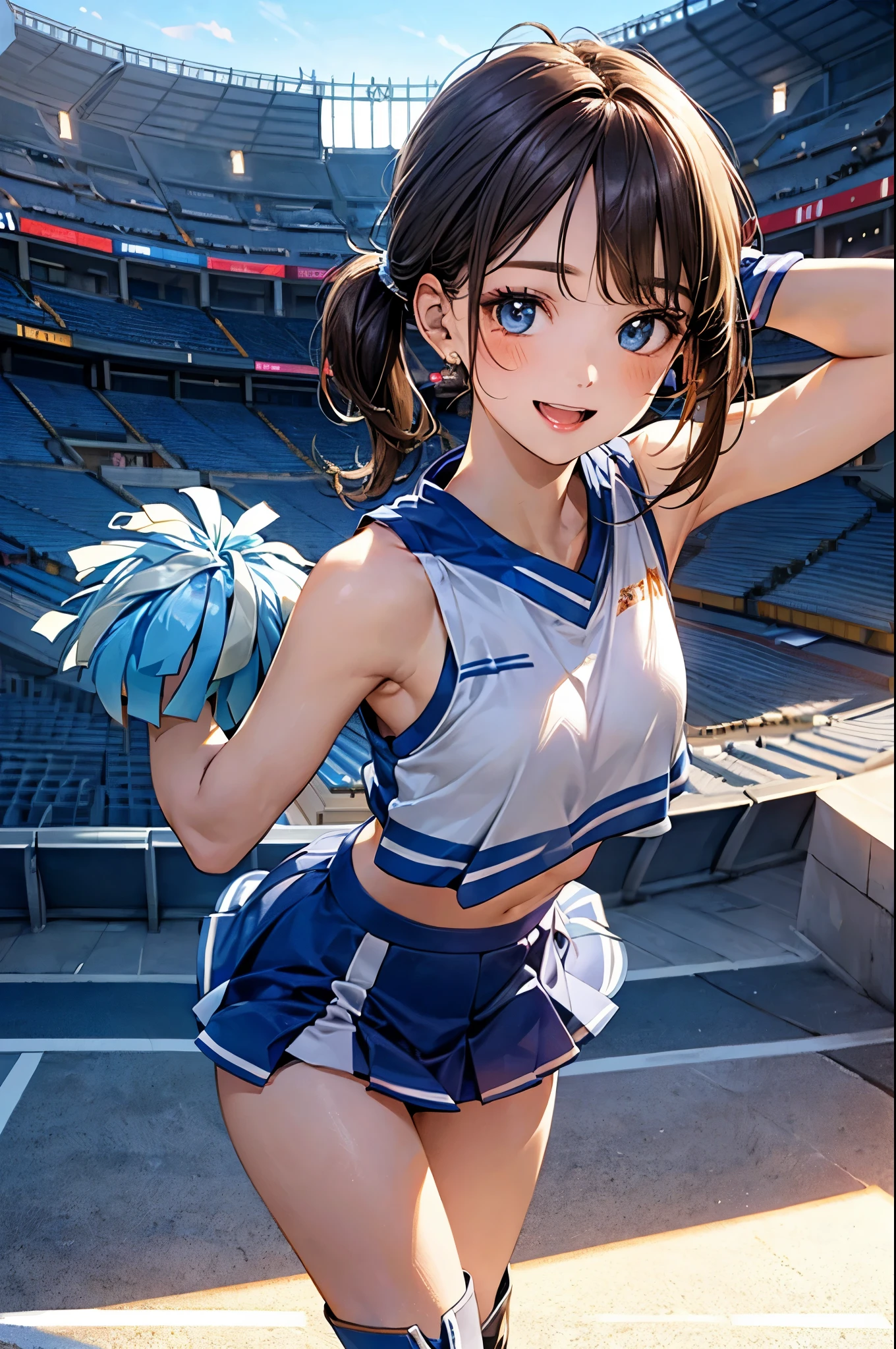 (masterpiece:1.2, top-quality), (realistic, photorealistic:1.4), beautiful illustration, (natural side lighting, movie lighting), depth of fields, back lighting,
looking at viewer, 1 girl, japanese, high chool girl, 17 years old, perfect face, cute and symmetrical face, shiny skin,
(middle hair, side ponytail, light brown hair), asymmetrical bangs, blue eyes, long eye lasher, (medium breasts), cute round face, beautiful make up,
beautiful hair, beautiful face, beautiful detailed eyes, beautiful clavicle, beautiful body, beautiful chest, beautiful thigh, beautiful legs, beautiful fingers,
((sleeveless light blue cheerleader:1.2), boots),
(beautiful scenery), evening, (stadium background:1.2), extremely cute, arm up, armpits, (lovely smile, open mouth),