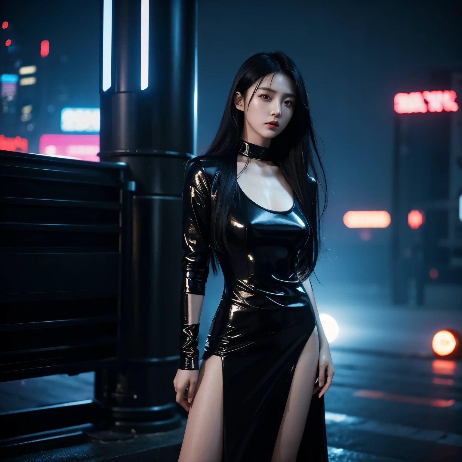 a woman, black hair, long hair, Korean, shiny dress, cyberpunk, futuristic city, 1987 style, 1987 film, masterpiece, best quality, blade runners style, cyberpunk city, dark theme.