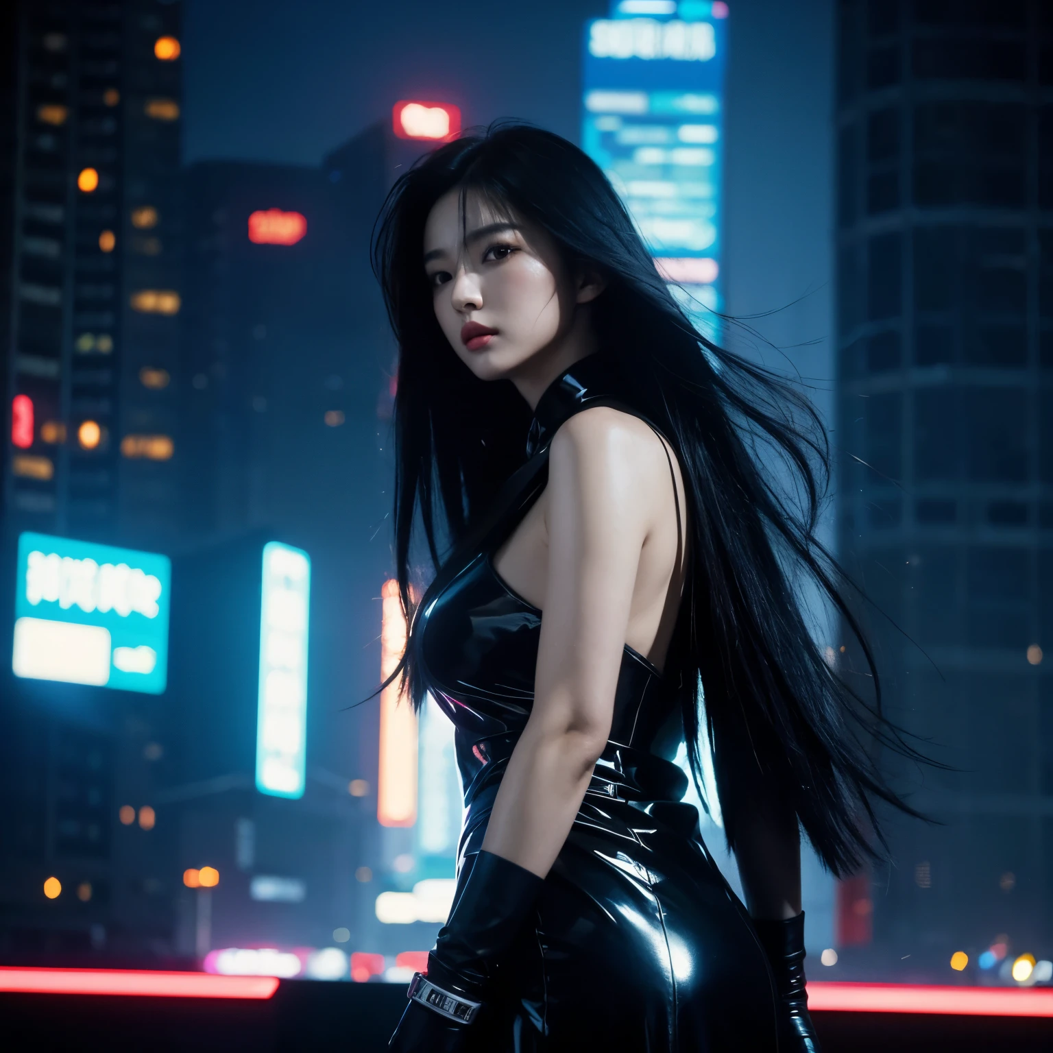 a woman, black hair, long hair, Korean, shiny dress, cyberpunk, futuristic city, 1987 style, 1987 film, masterpiece, best quality, blade runners style, cyberpunk city, dark theme.