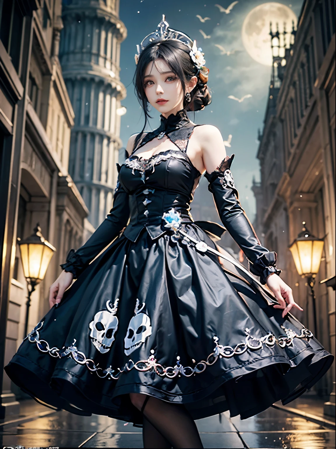 Dark Style Beautiful Underworld Princess Spooky Bad Smile Tattoo Anime 3D Style 3D Dark Night Black Sky Horror ((Cold Complex Skull Accessories )) (Guvez style artwork) ((Black underground palace with huge complex structure in background)) Leica lens Depth of Field (Masterpiece, Top Quality, Best Quality, Official Art, Beauty and Aesthetics: 1.2), (1girl: 1.3), (Fractal Art: 1.3) --V6 --Q2 ---S1000
