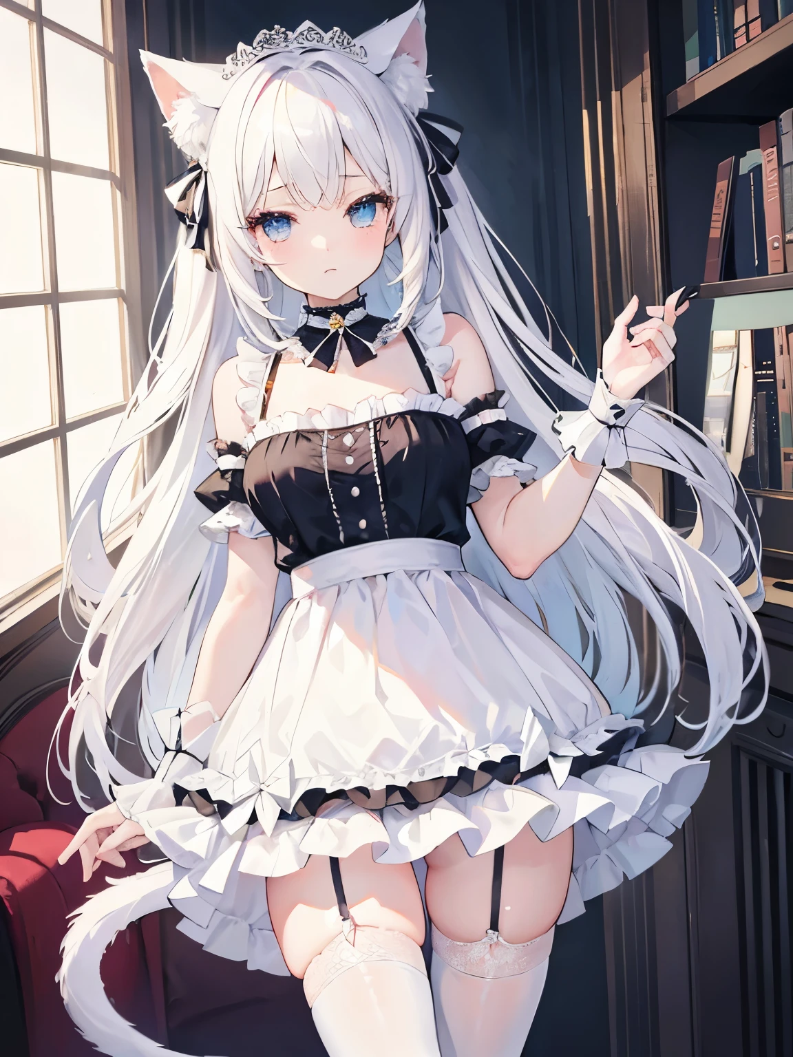 masterpiece, {{{{Highest quality}}}}, beautiful,1 girl, White_hair, cat ears(White), cat tail(White), frilled choker、miniskirt_dress, bare_shoulders, garter belt,garter straps