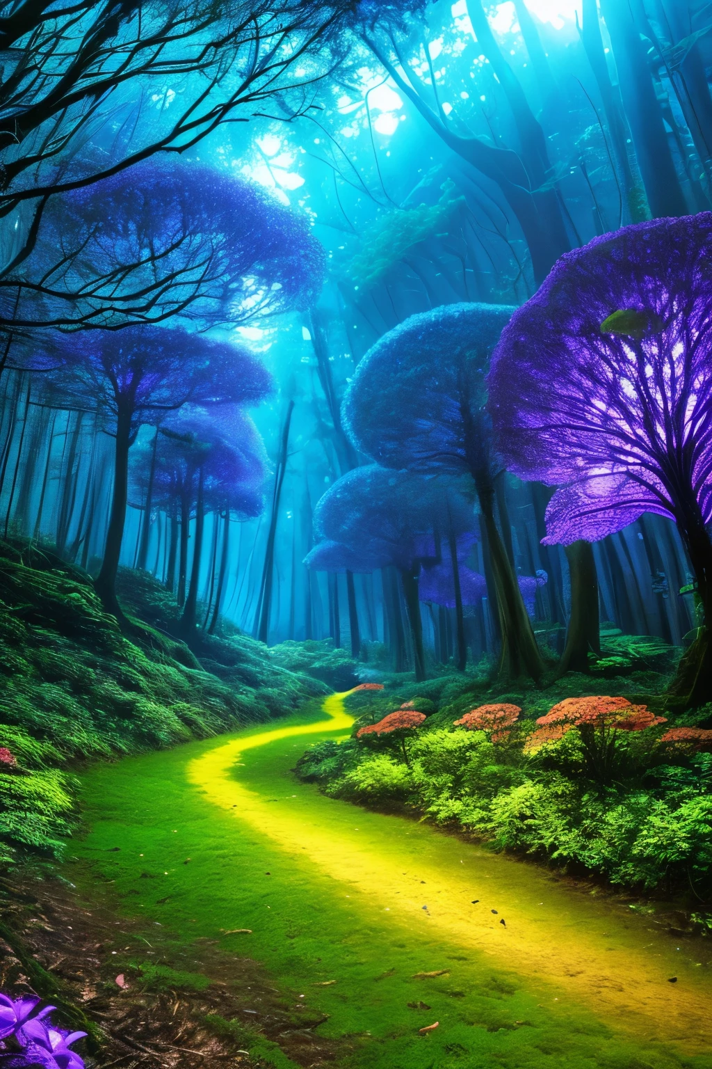 lush forest and plantlife, extremely detailed, 8k, high quality, an enchanting and dreamy scene of fantasy/alien forest, glowing mushrooms, creating a sense of mystique and enchantment, award winning photography, lots of blues and purples, path, bioluminescence 