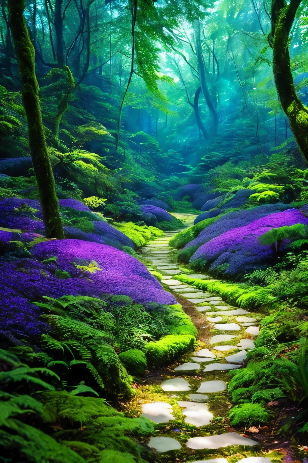 lush forest and plantlife, extremely detailed, 8k, high quality, an enchanting and dreamy scene of fantasy/alien forest, glowing mushrooms, creating a sense of mystique and enchantment, award winning photography, lots of blues and purples, path, bioluminescence