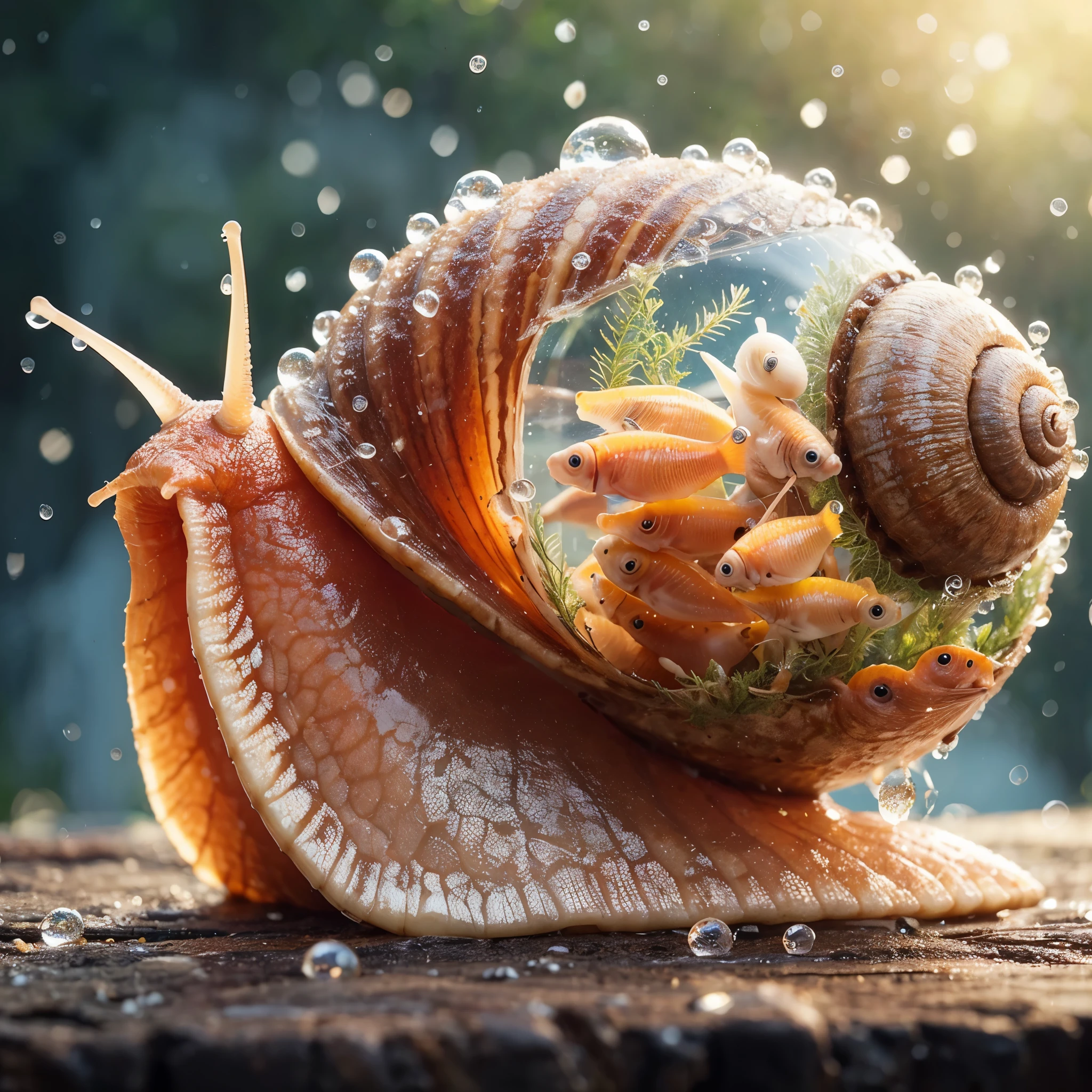 A snail with a transparent shell and small fish inside it. The snail's body is brownish-orange with a soft texture. The snail is crawling on a wooden or stone surface, surrounded by small water droplets. The background of the picture is blurred (bokeh), giving full focus to the main subject, the snail. There are also some seaweed plants around the shell. The variation is that the snail has a different color or shape of the shell, or the fish have different species or sizes.