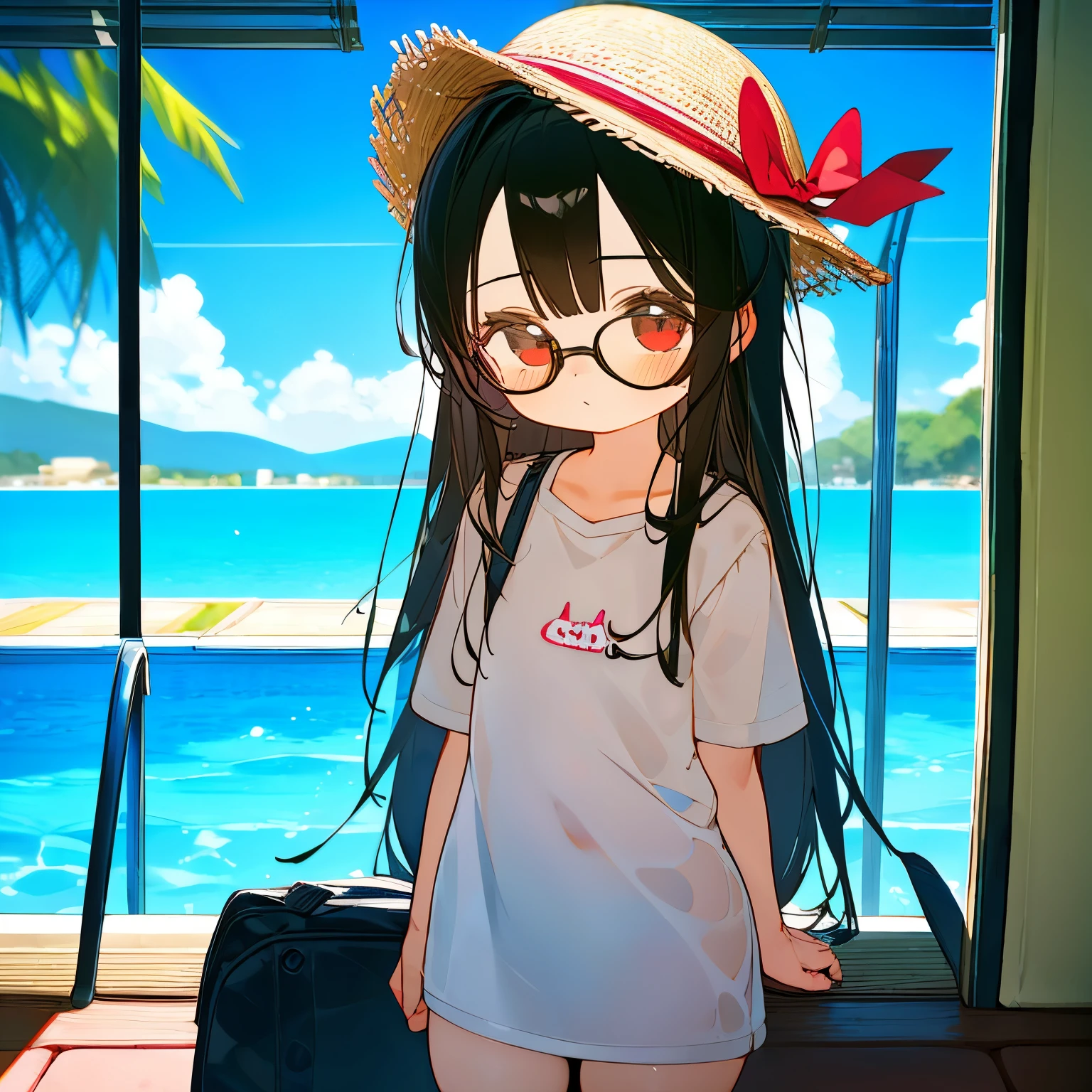 (best quality,masterpiece:1.3),((cute 1 girl:1.2)),(,8 :1.4), expressive eyes, perfect face, eye (red), Simple White Headphones, Bucket Hat, long hair Black, Round Glasses Black, Tote Bag, oversize shirt, no pant, low view, wet shirt, forehead, open forehead, pool
