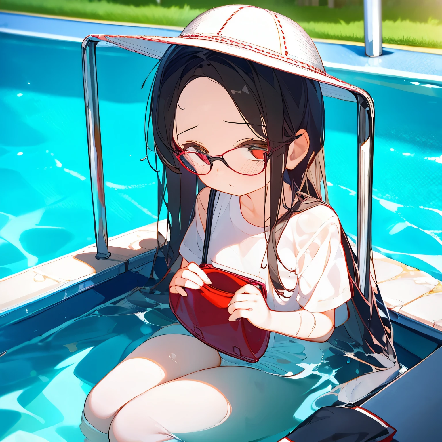 (best quality,masterpiece:1.3),((cute 1 girl:1.2)),(,8 years old:1.4), expressive eyes, perfect face, eye (red), Simple White Headphones, Bucket Hat, long hair Black, Round Glasses Black, Tote Bag, oversize shirt, no pant, low view, wet shirt, forehead, open forehead, pool