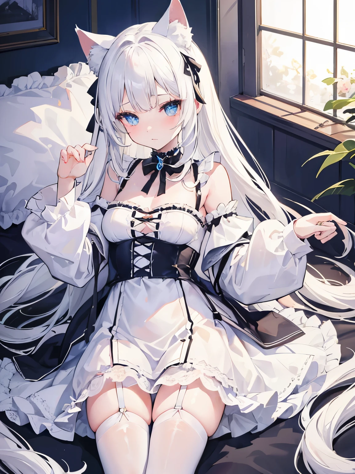masterpiece, {{{{Highest quality}}}}, beautiful,1 girl, White_hair, cat ears(White), cat tail(White), frilled choker、miniskirt_dress, bare_shoulders, garter belt,garter straps